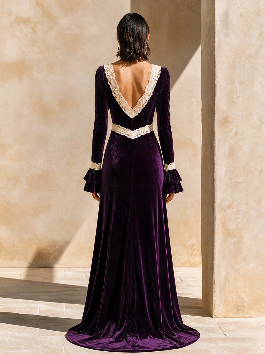 Women's Lace‑Trim Velvet Formal Maxi Dress MDZ2789H2LYL