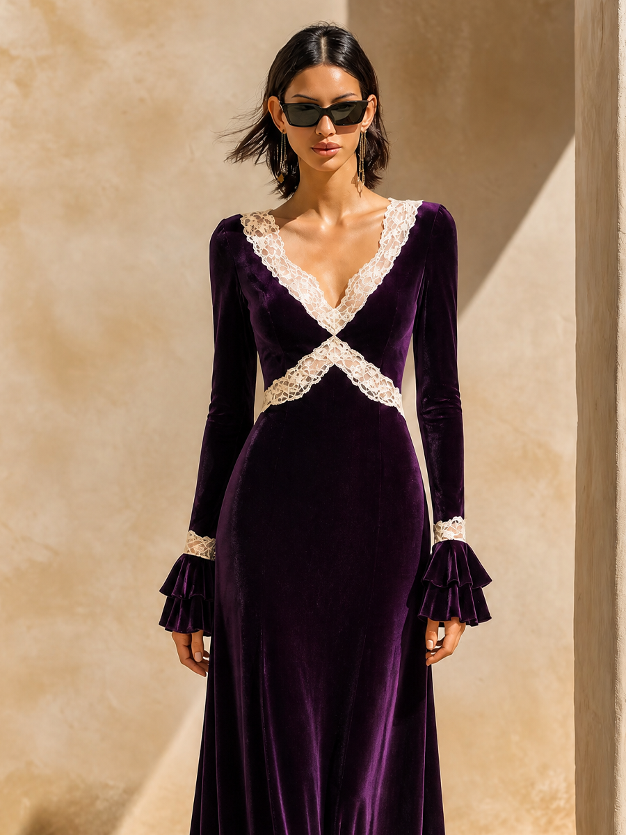 Women's Lace‑Trim Velvet Formal Maxi Dress MDZ2789H2LYL