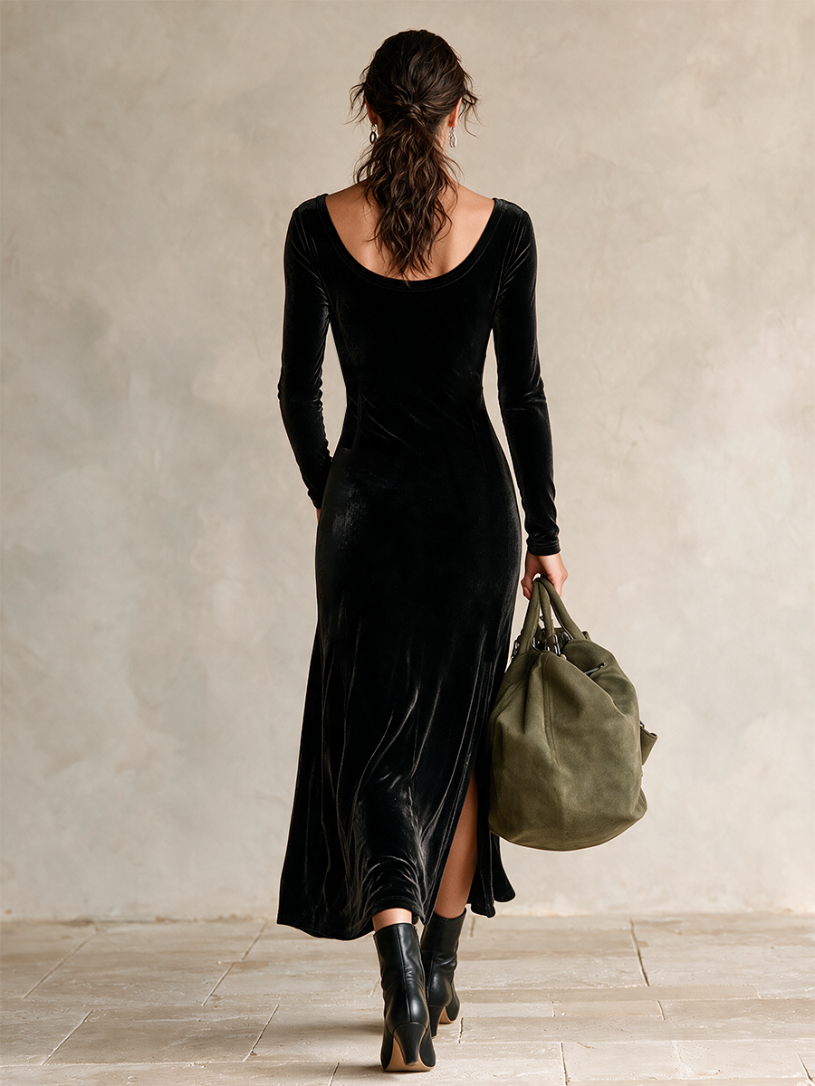 Women's Side‑Button Velvet Party Midi Dress MDZ2799H6LYL