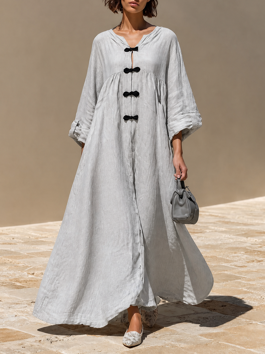 Women's Frog‑Button Linen Resort Maxi Dress MDZ2743H9LYL