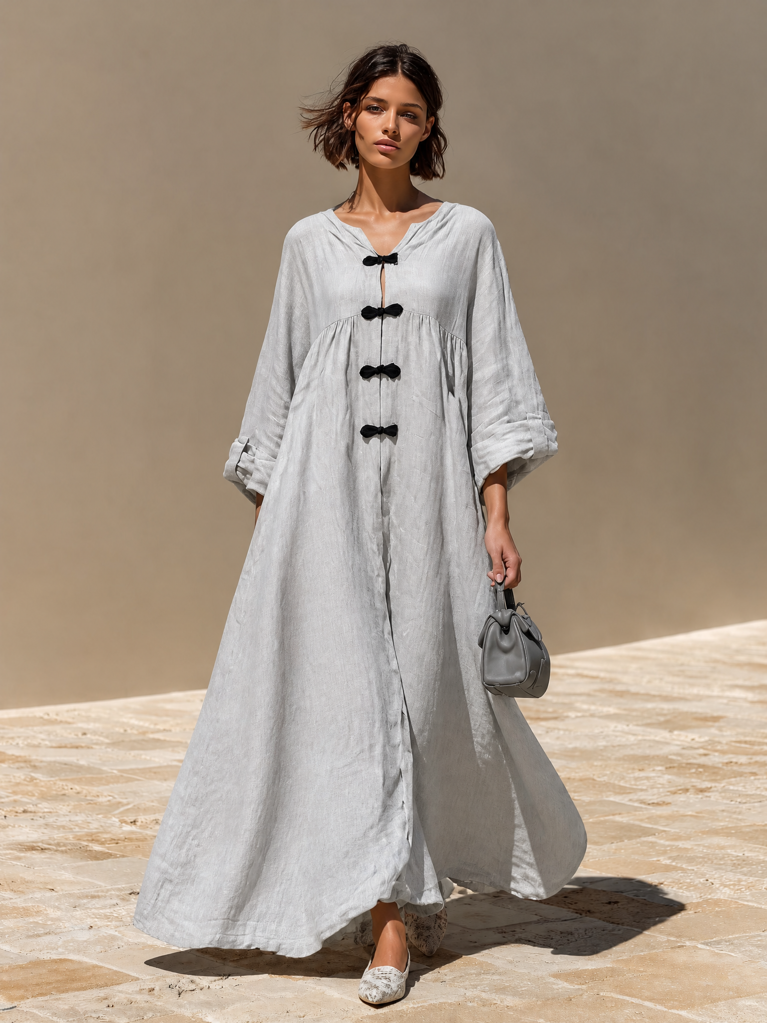 Women's Frog‑Button Linen Resort Maxi Dress MDZ2743H9LYL