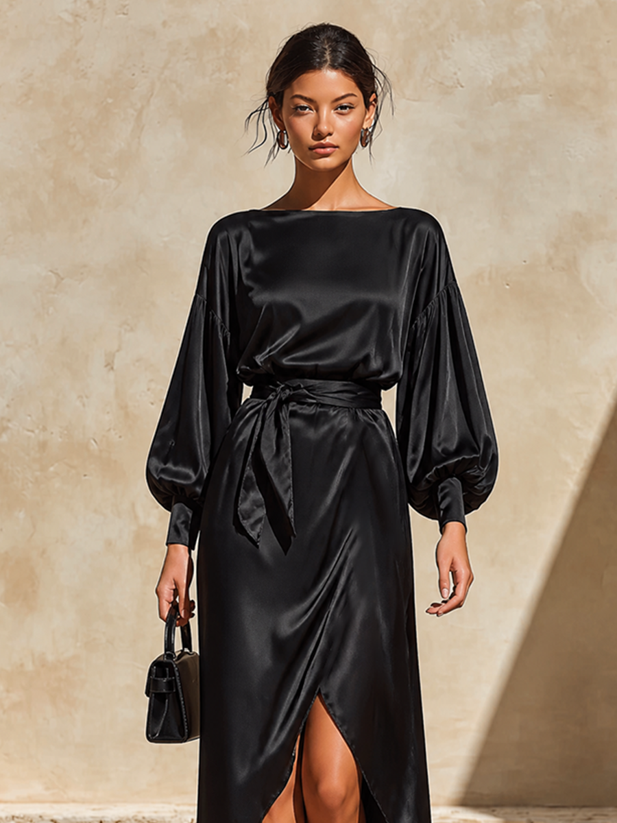 Women's Belted Satin Party Maxi Dress MDZ2733H1LYL