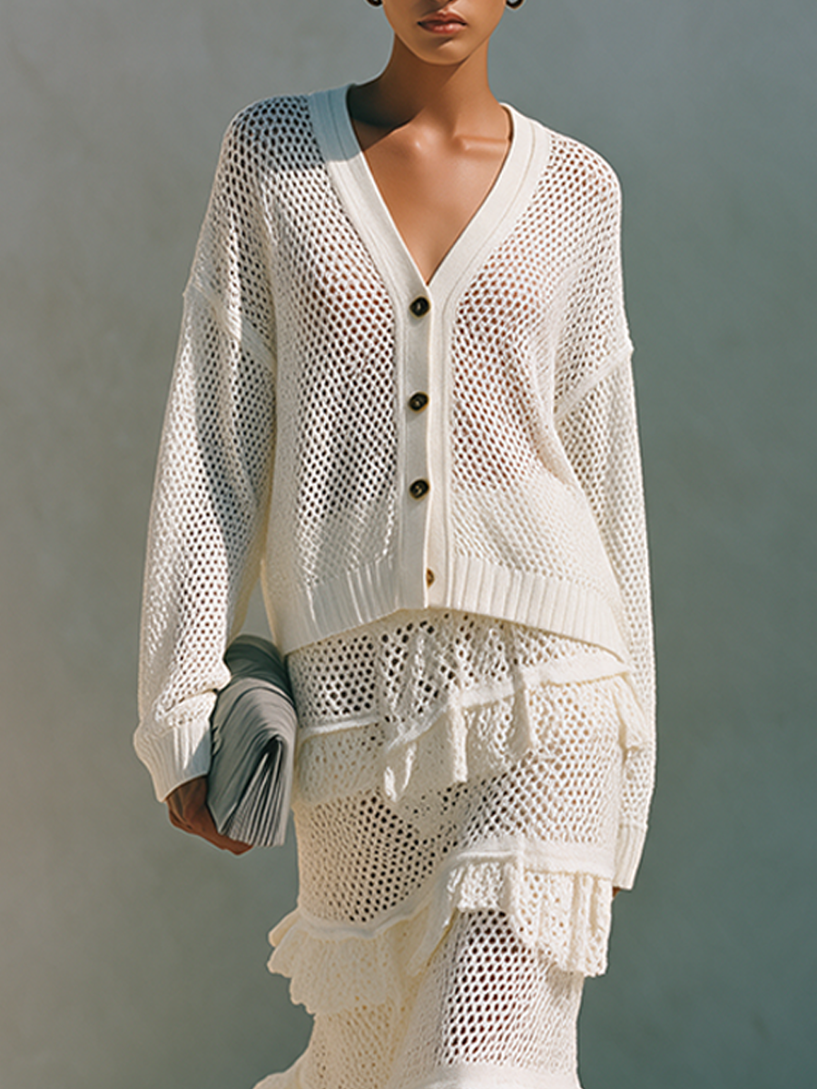 Women's Resort-Style Open-Knit Ruffled Skirt Set MDZ2711H5ZRK