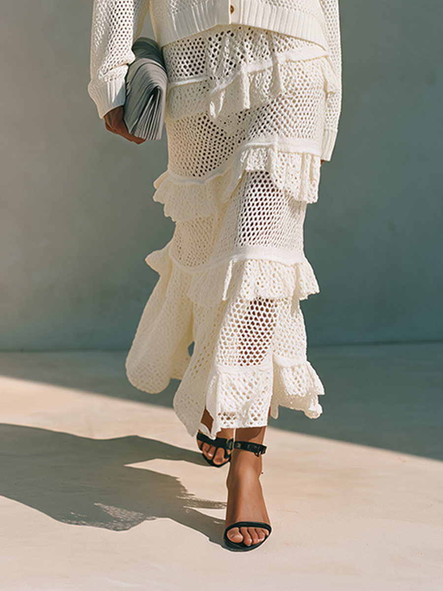 Women's Resort-Style Open-Knit Ruffled Skirt Set MDZ2711H5ZRK