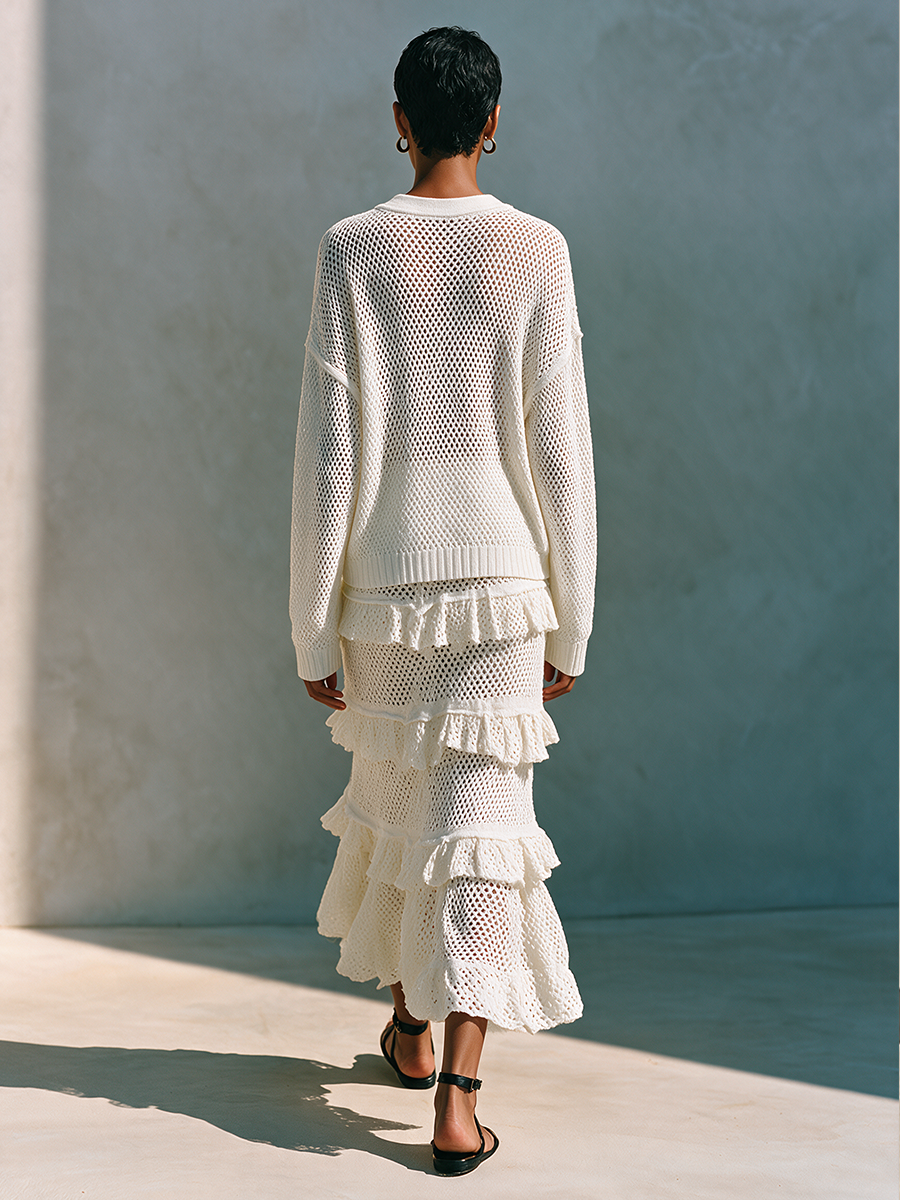 Women's Resort-Style Open-Knit Ruffled Skirt Set MDZ2711H5ZRK