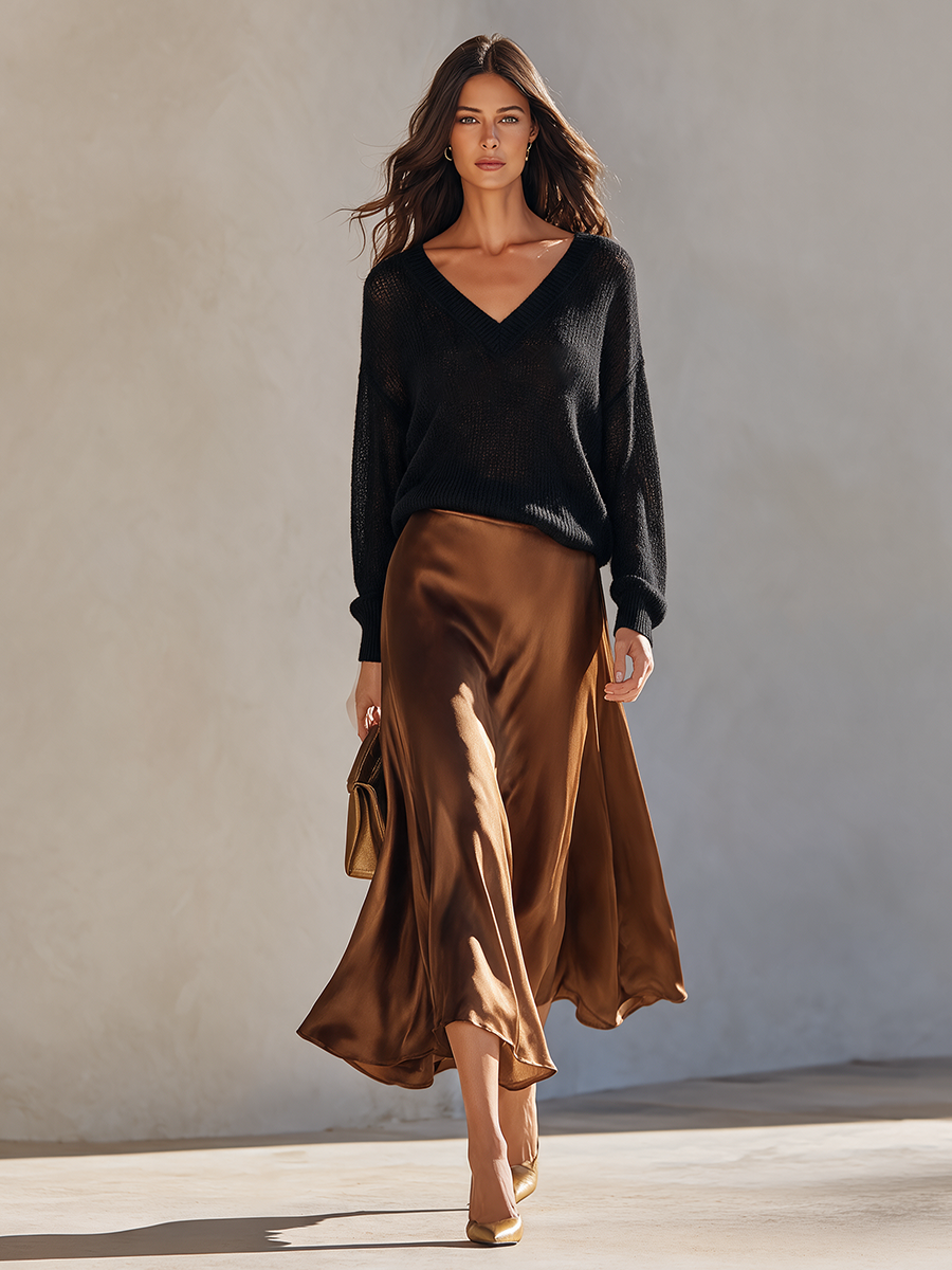 Women's V-Neck Knit Top & Faux-Silk Midi Skirt Set MDZ2781H4ZRK