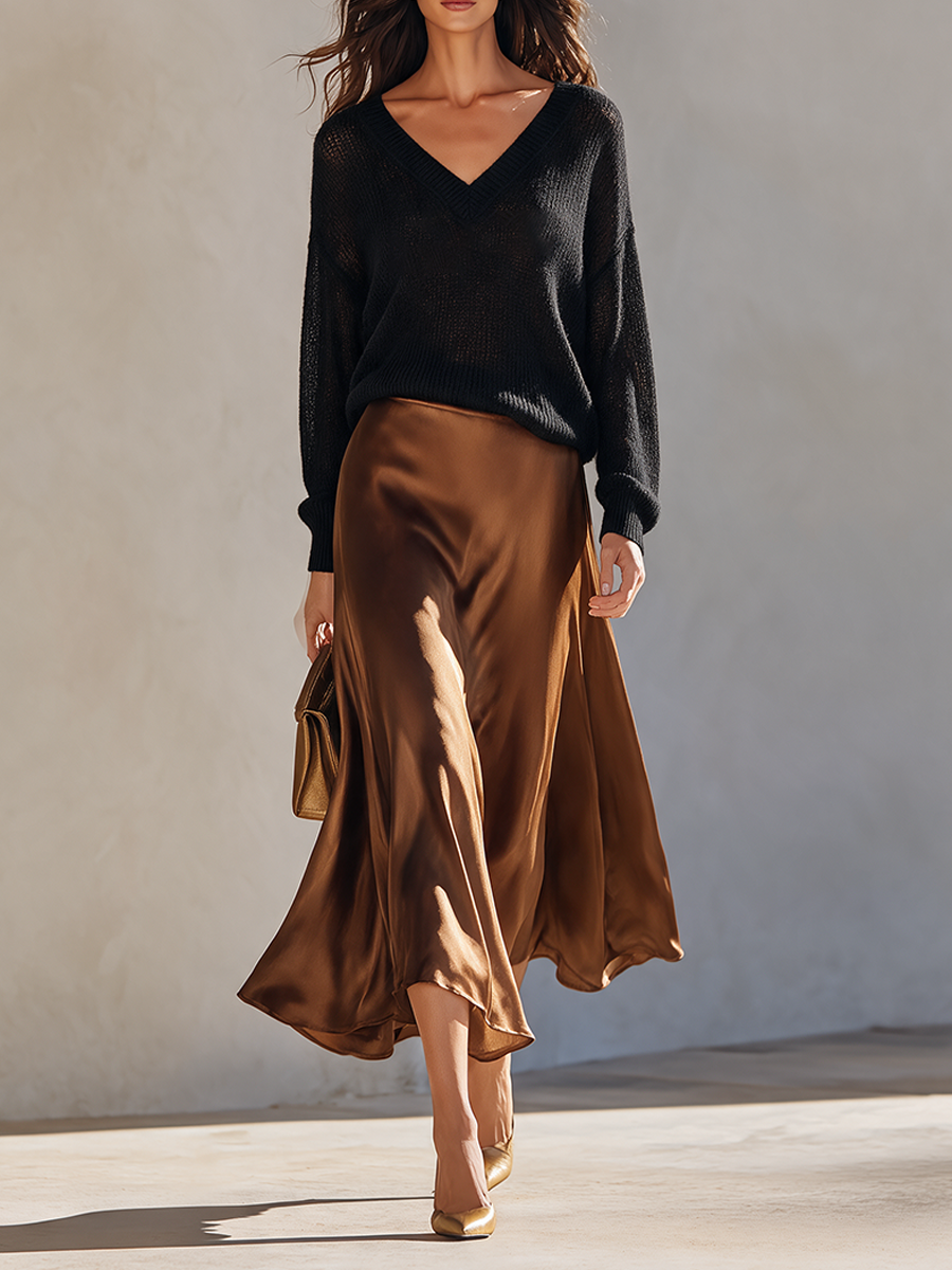 Women's V-Neck Knit Top & Faux-Silk Midi Skirt Set MDZ2781H4ZRK