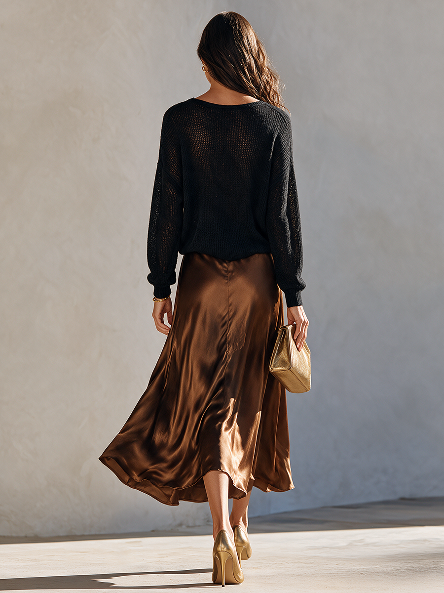 Women's V-Neck Knit Top & Faux-Silk Midi Skirt Set MDZ2781H4ZRK