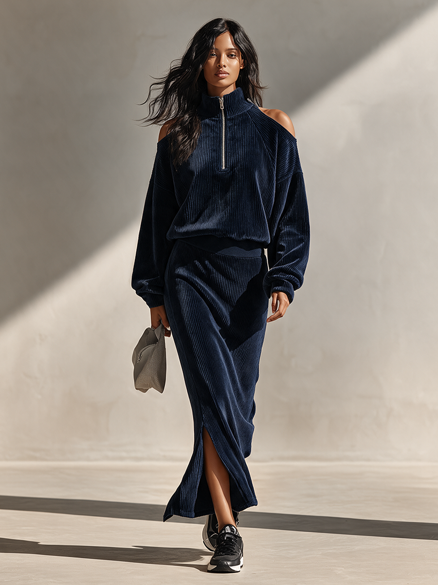 Women's Corduroy Set – Half-Zip Off-Shoulder Top & Skirt MDZ2755H5ZRK