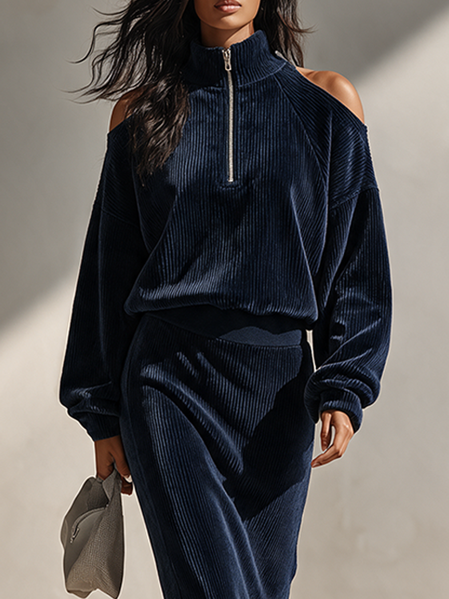 Women's Corduroy Set – Half-Zip Off-Shoulder Top & Skirt MDZ2755H5ZRK