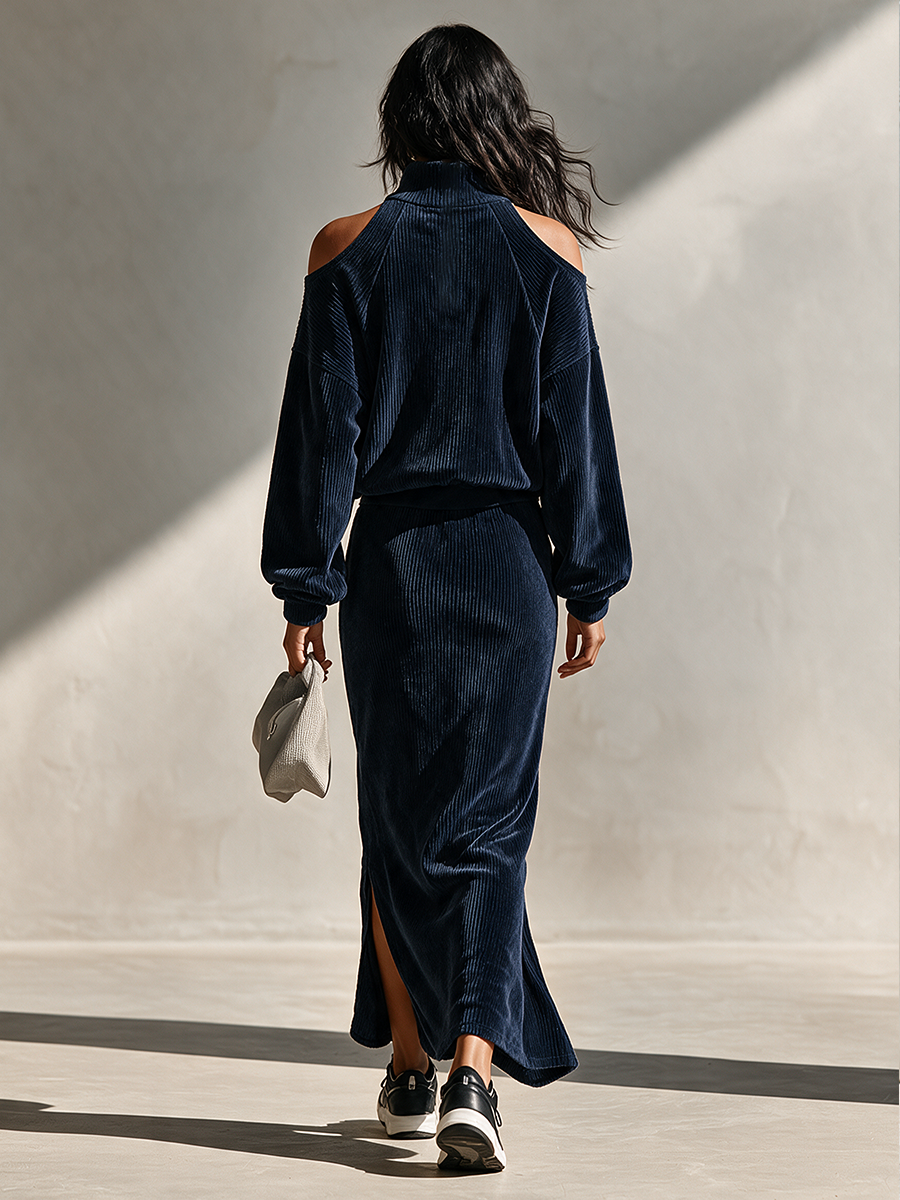 Women's Corduroy Set – Half-Zip Off-Shoulder Top & Skirt MDZ2755H5ZRK