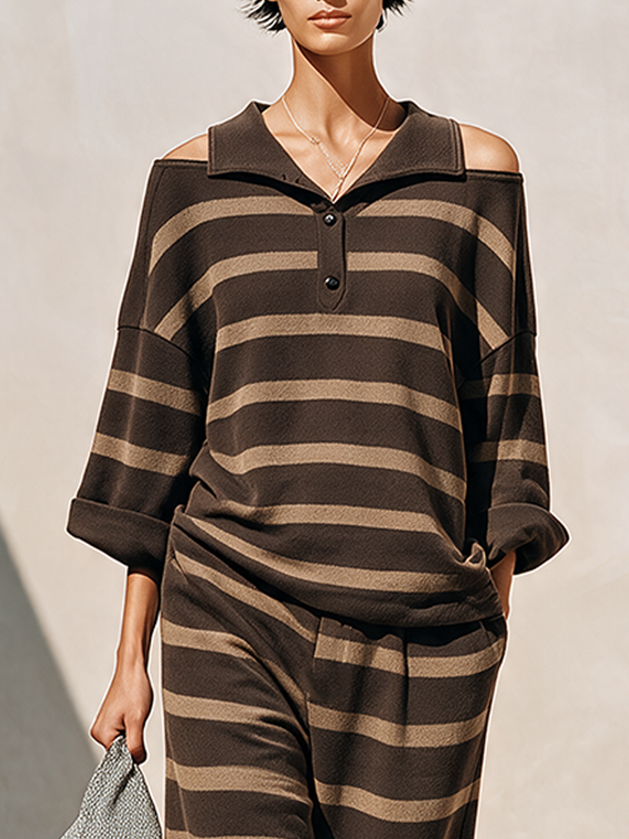 Women's Striped Knit Wide-Leg Pant Set With Off-Shoulder Lapel Top MDZ2773H9ZRK