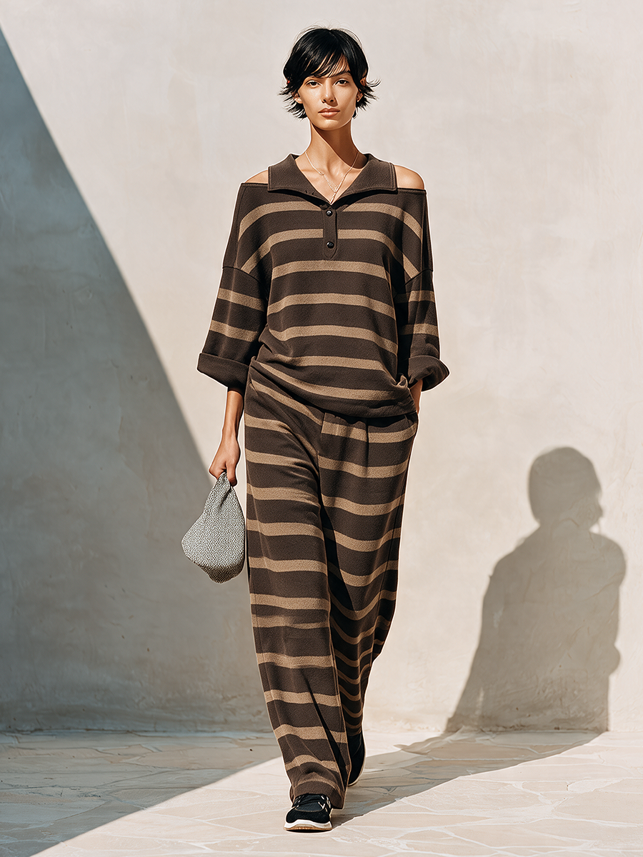 Women's Striped Knit Wide-Leg Pant Set With Off-Shoulder Lapel Top MDZ2773H9ZRK