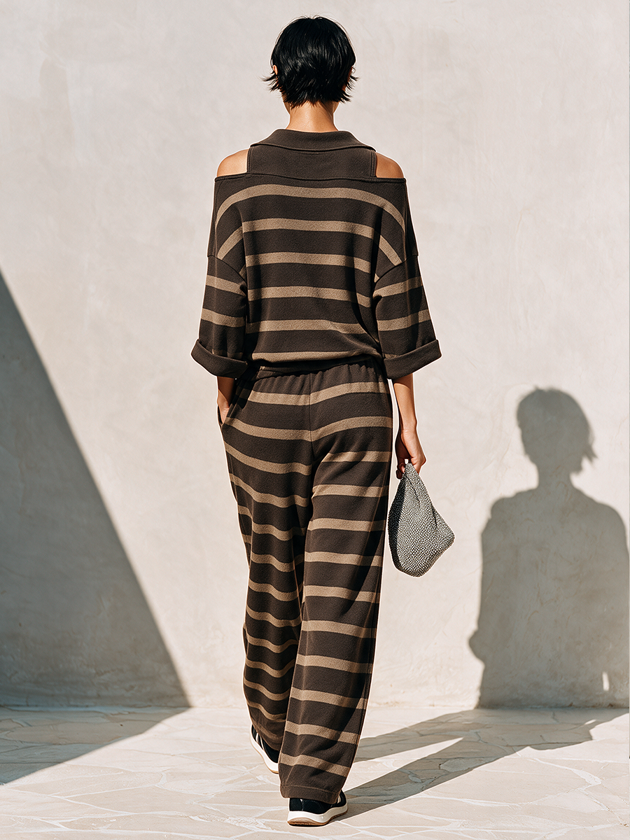 Women's Striped Knit Wide-Leg Pant Set With Off-Shoulder Lapel Top MDZ2773H9ZRK