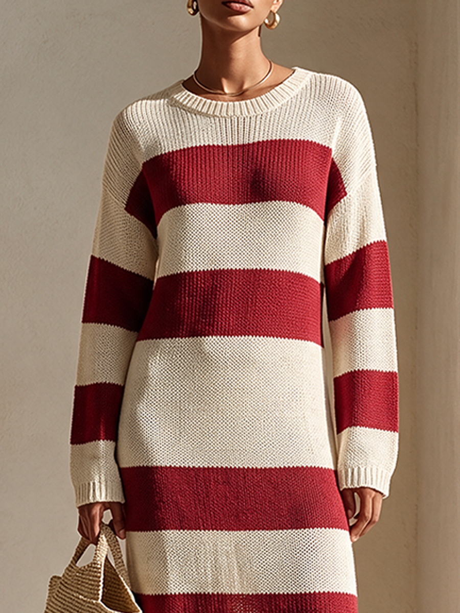 Women's Retro Wide-Stripe Long-Sleeve Knit Maxi Dress MDZ2788H6ZRK