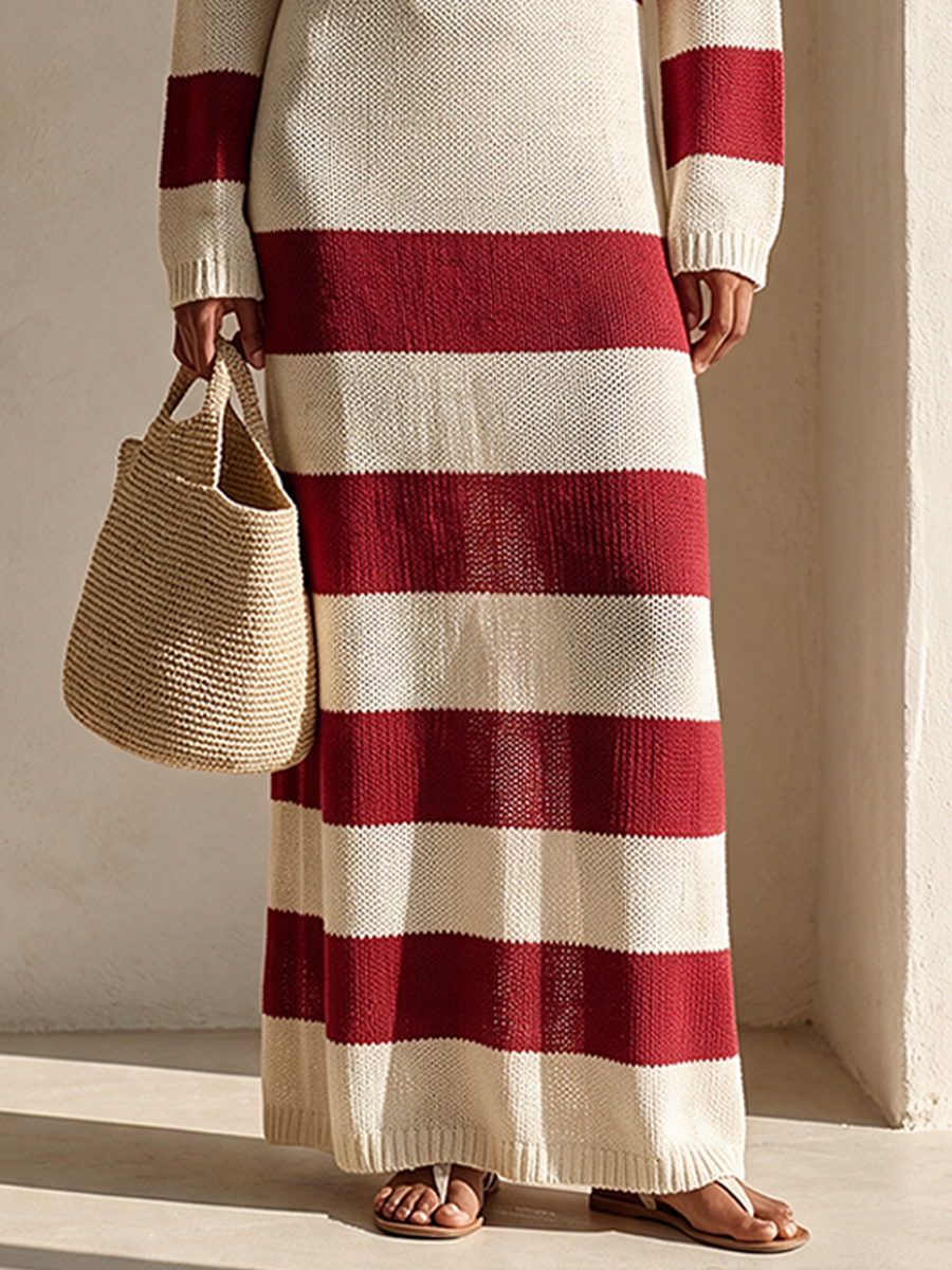 Women's Retro Wide-Stripe Long-Sleeve Knit Maxi Dress MDZ2788H6ZRK