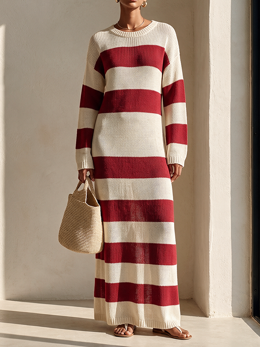 Women's Retro Wide-Stripe Long-Sleeve Knit Maxi Dress MDZ2788H6ZRK