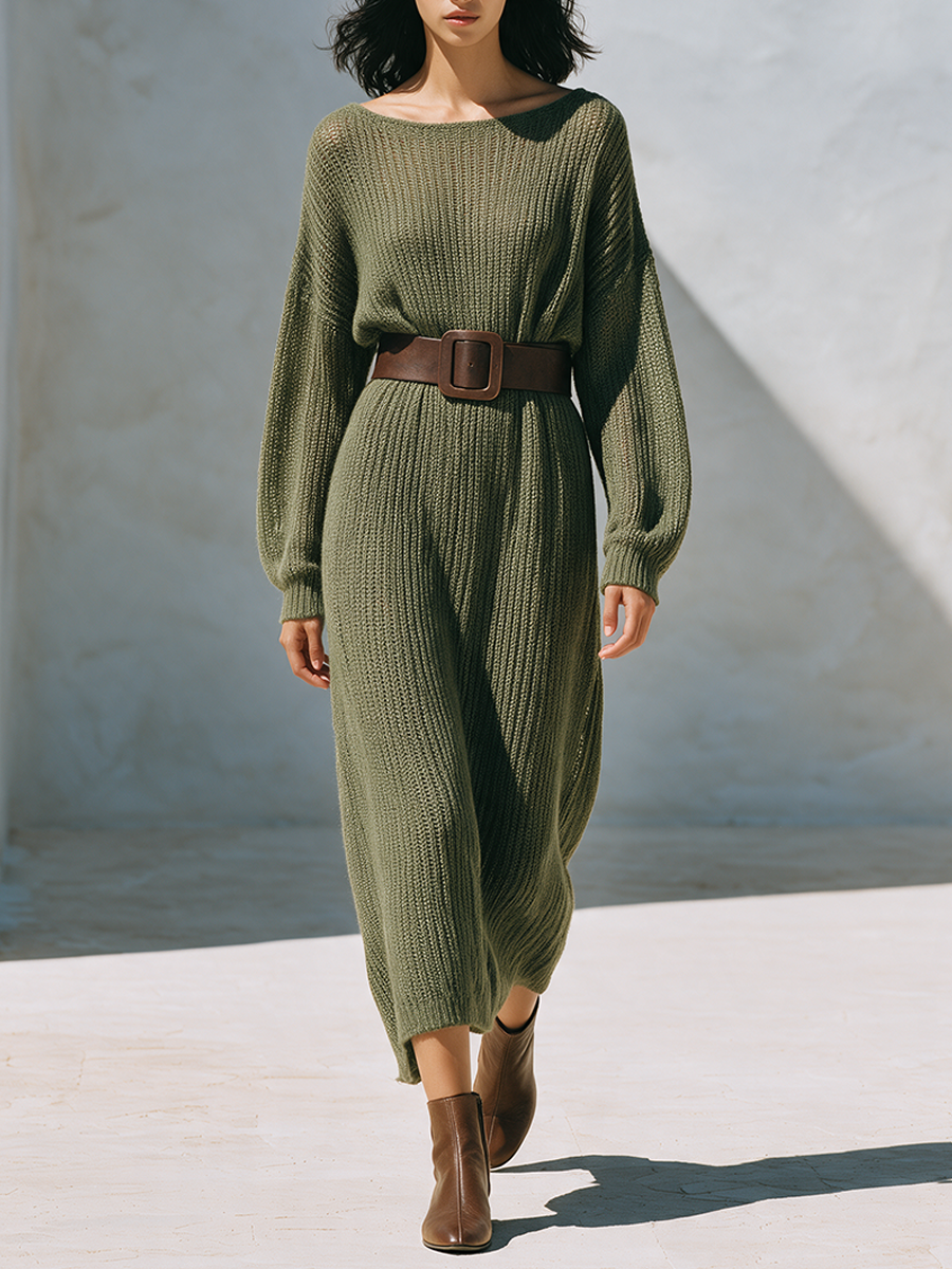 Women's Wide-Neck Long-Sleeve Knit Maxi Dress (Belt Not Included) MDZ2796H0ZRK