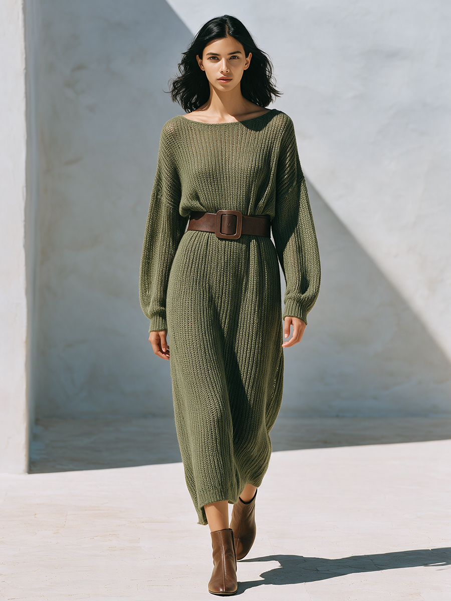Women's Wide-Neck Long-Sleeve Knit Maxi Dress (Belt Not Included) MDZ2796H0ZRK