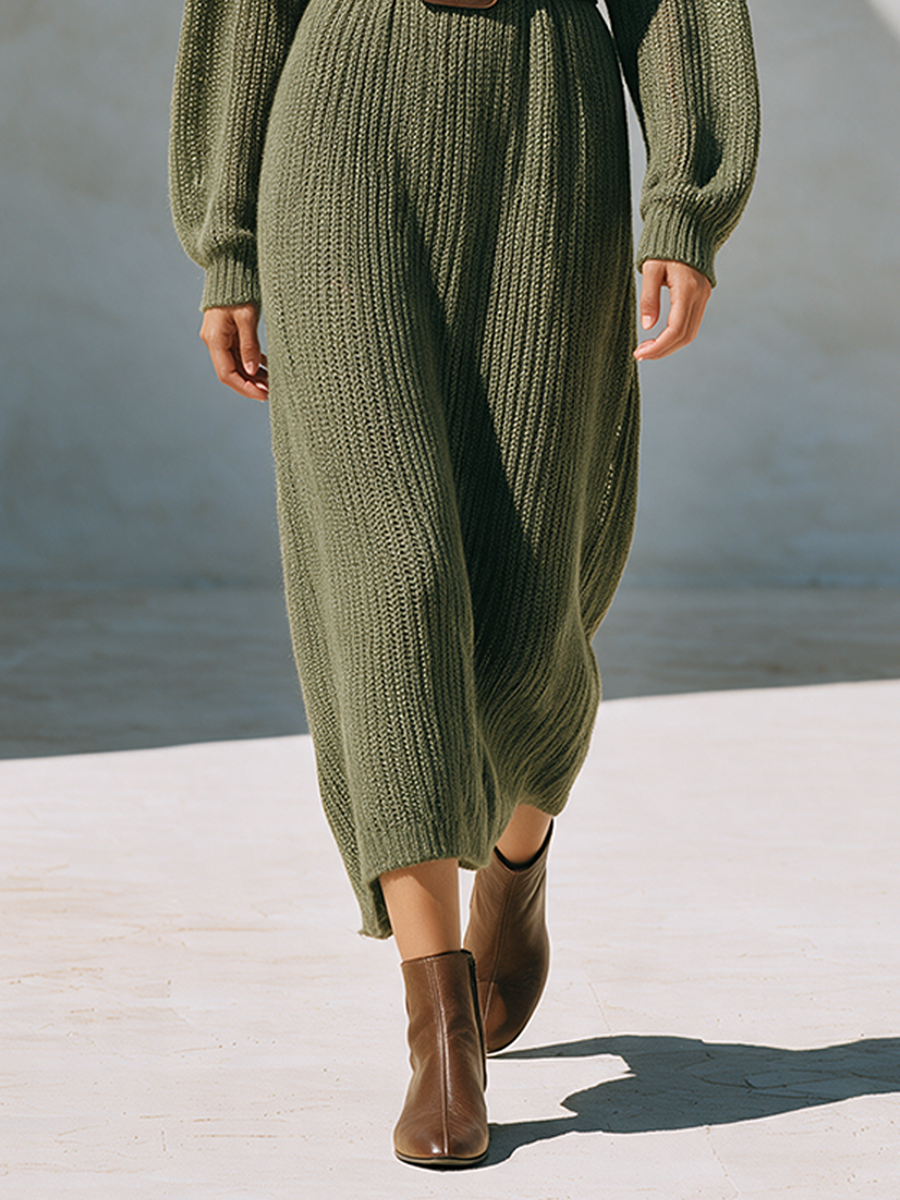 Women's Wide-Neck Long-Sleeve Knit Maxi Dress (Belt Not Included) MDZ2796H0ZRK