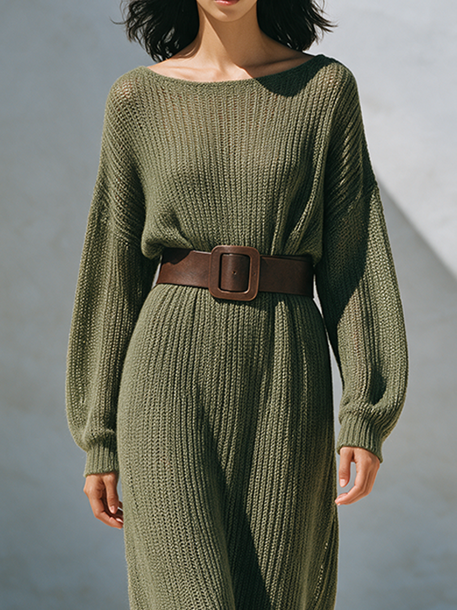 Women's Wide-Neck Long-Sleeve Knit Maxi Dress (Belt Not Included) MDZ2796H0ZRK