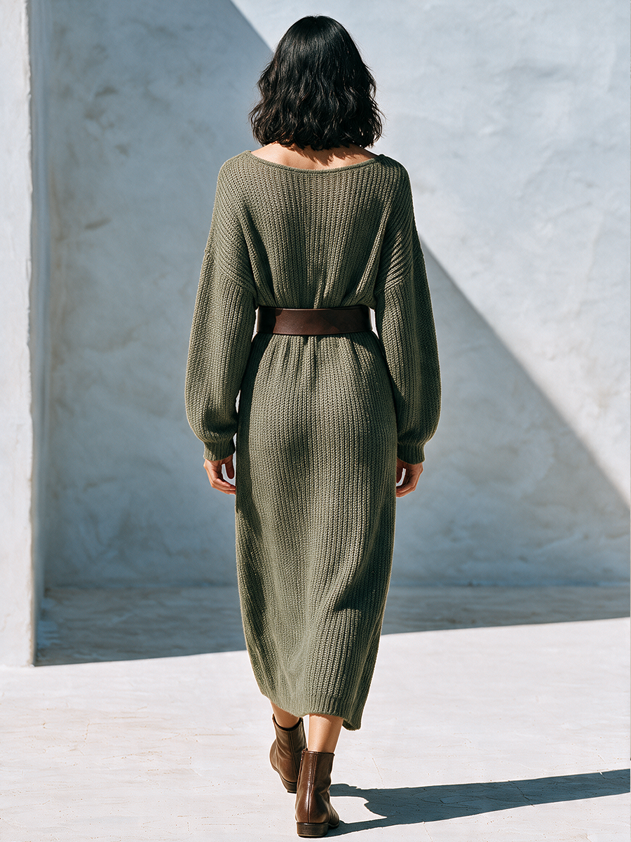 Women's Wide-Neck Long-Sleeve Knit Maxi Dress (Belt Not Included) MDZ2796H0ZRK