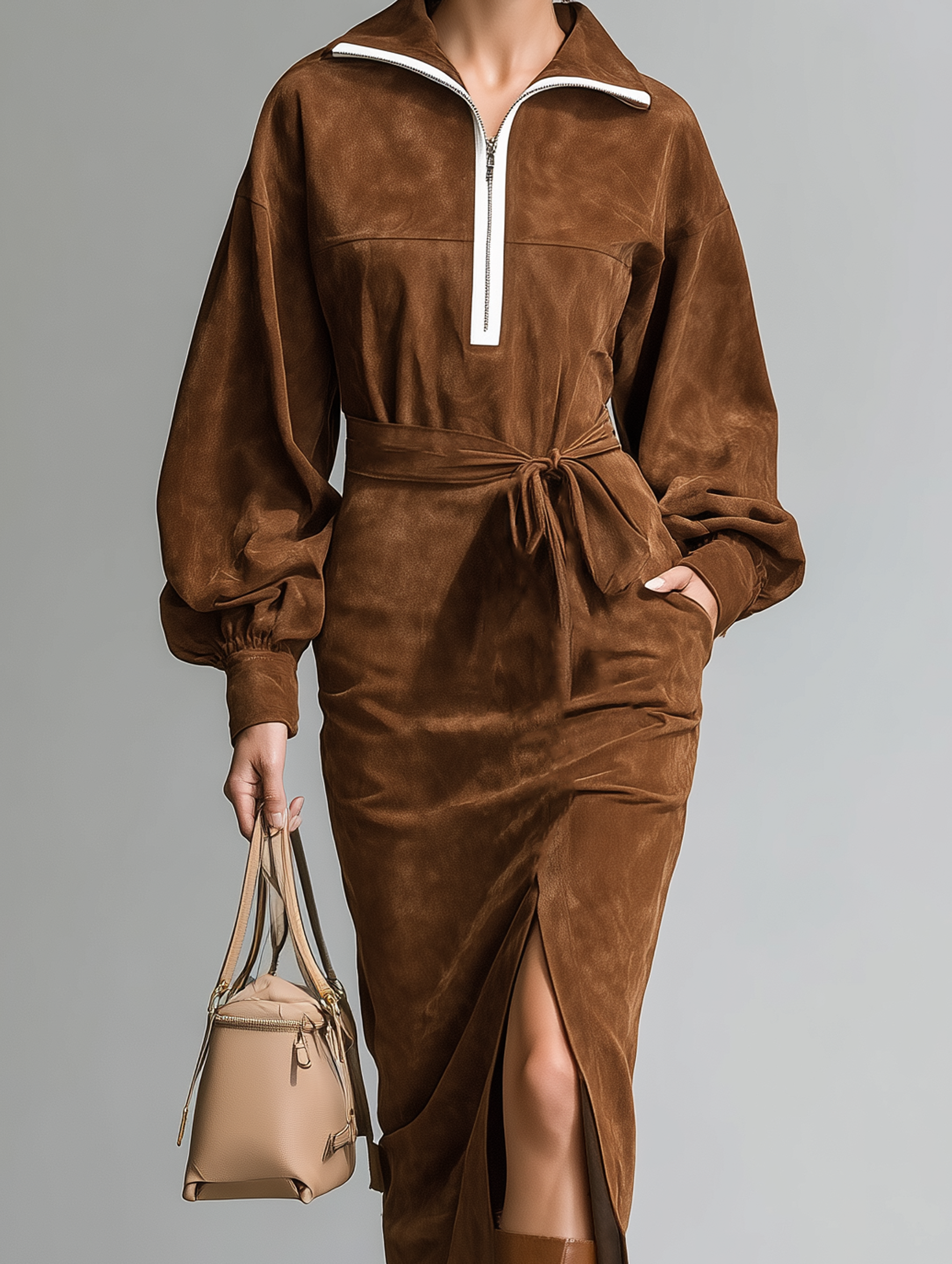 Women's Casual Brown Suede Long-Sleeve Midi Dress MDZ2729H7LXY