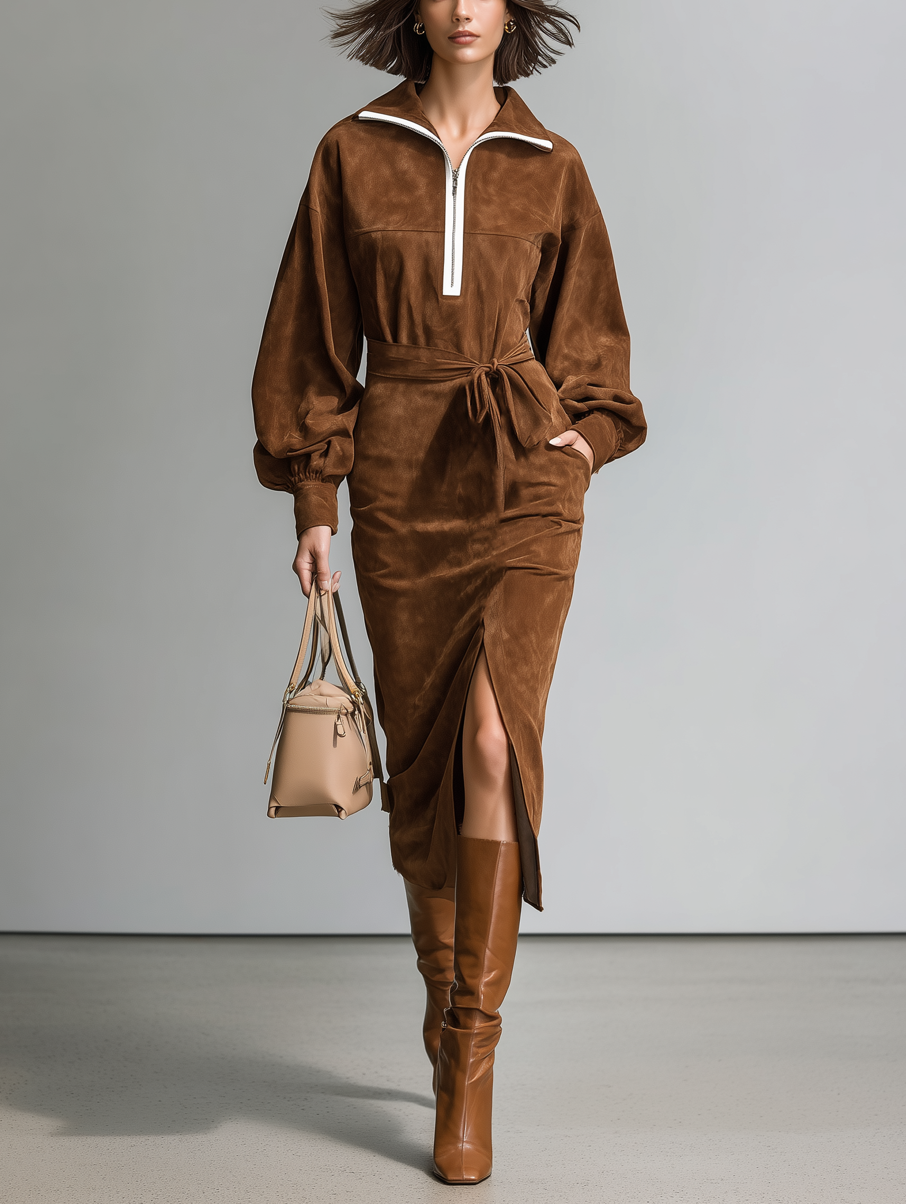 Women's Casual Brown Suede Long-Sleeve Midi Dress MDZ2729H7LXY