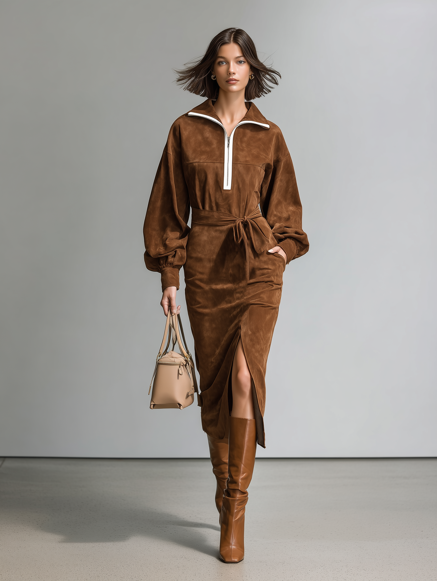 Women's Casual Brown Suede Long-Sleeve Midi Dress MDZ2729H7LXY