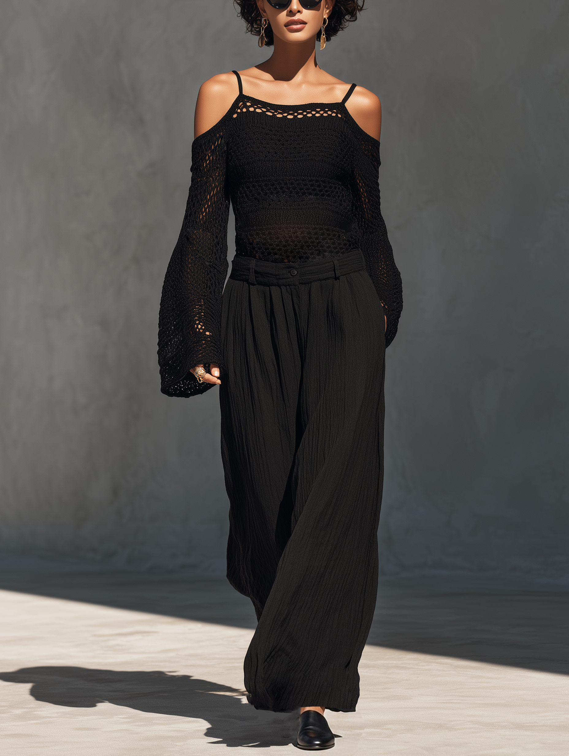 Women's Casual Black Long-Sleeve Knit Top With Cut-Out Details And Woven Pleated Trousers Two-Piece Set MDZ2750H3LXY