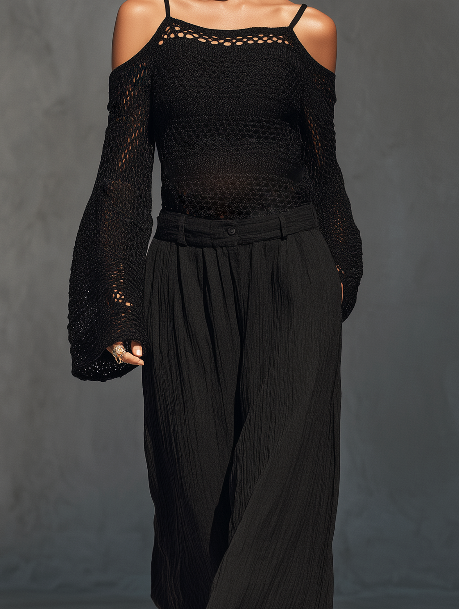 Women's Casual Black Long-Sleeve Knit Top With Cut-Out Details And Woven Pleated Trousers Two-Piece Set MDZ2750H3LXY