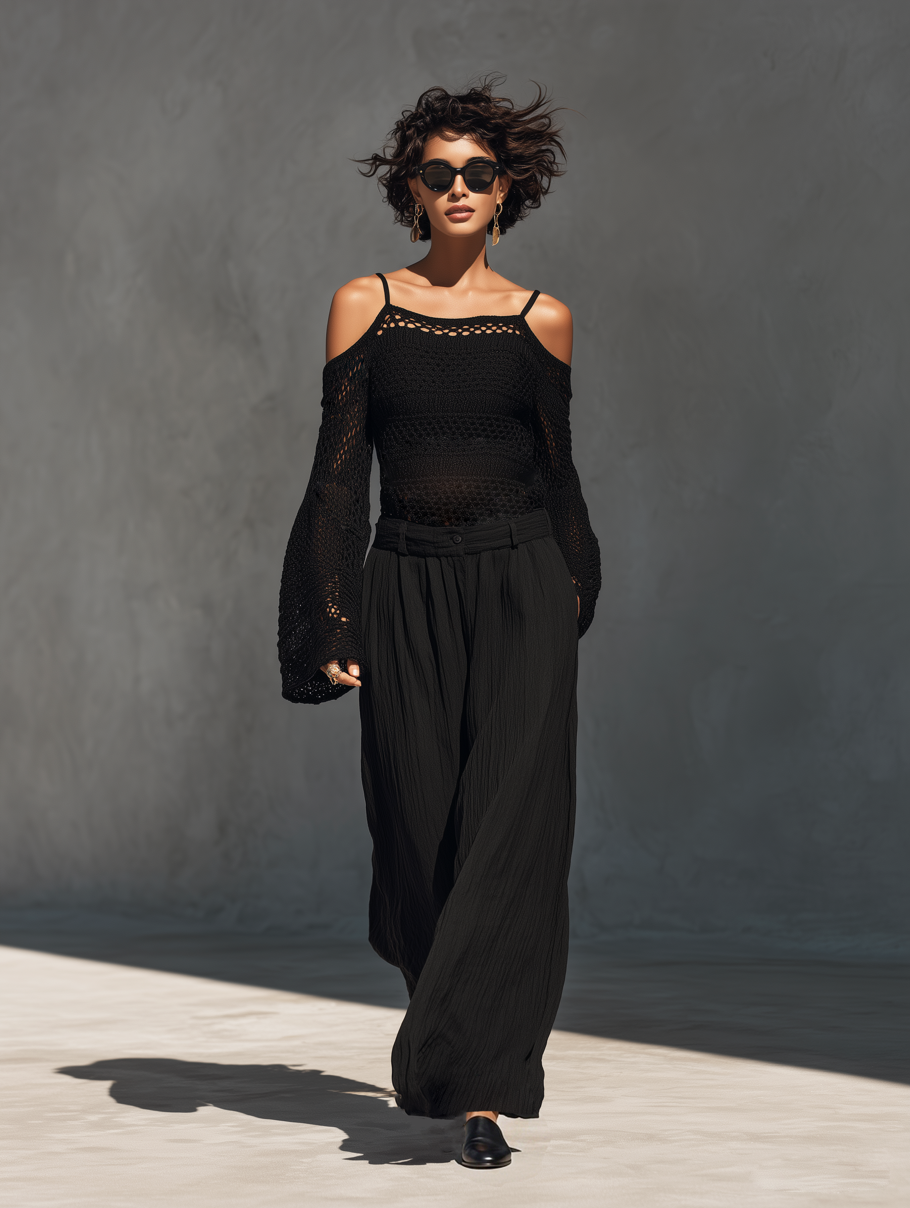 Women's Casual Black Long-Sleeve Knit Top With Cut-Out Details And Woven Pleated Trousers Two-Piece Set MDZ2750H3LXY