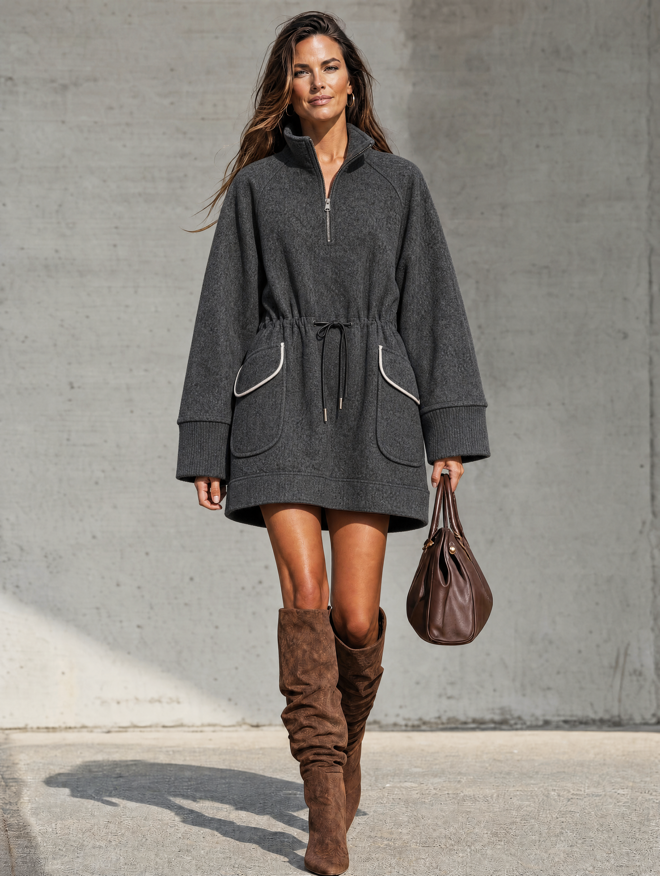 Women's Casual Long-Sleeve Wool-Blend Mini Dress In Heather Grey MDZ2727H0LXY