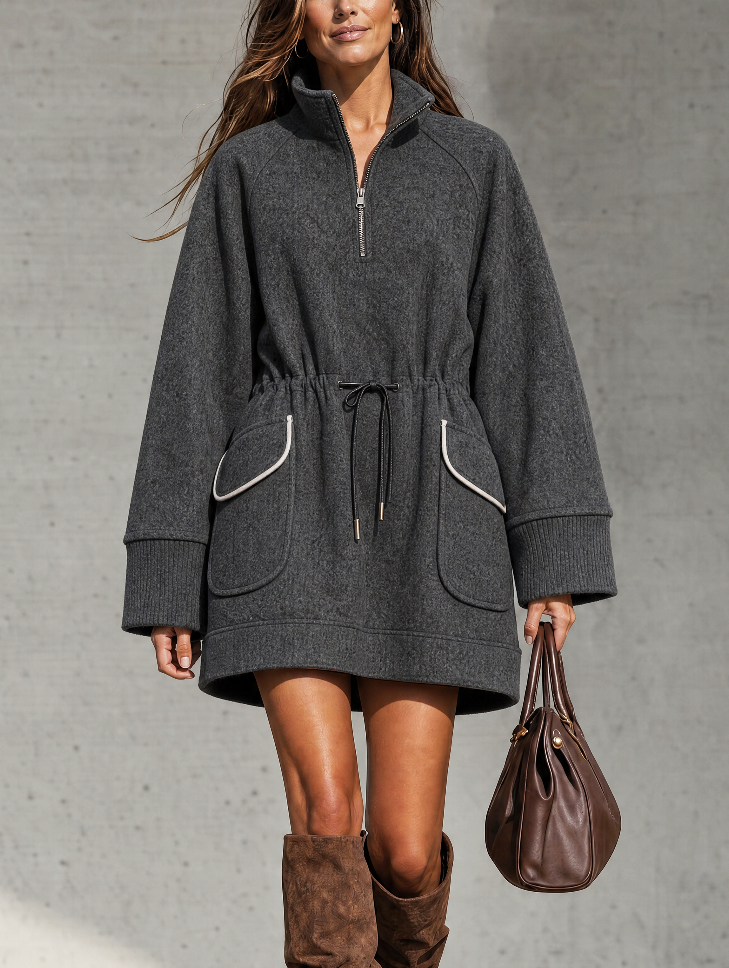 Women's Casual Long-Sleeve Wool-Blend Mini Dress In Heather Grey MDZ2727H0LXY
