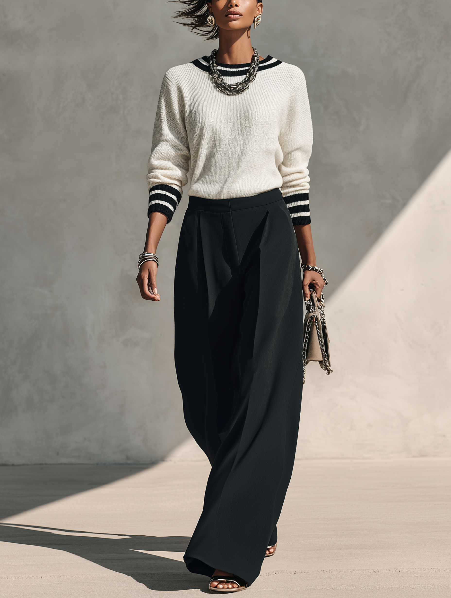 Women's Casual White Long-Sleeved Knit Sweater And Black Woven Trousers Two-Piece Set MDZ2763H2LXY