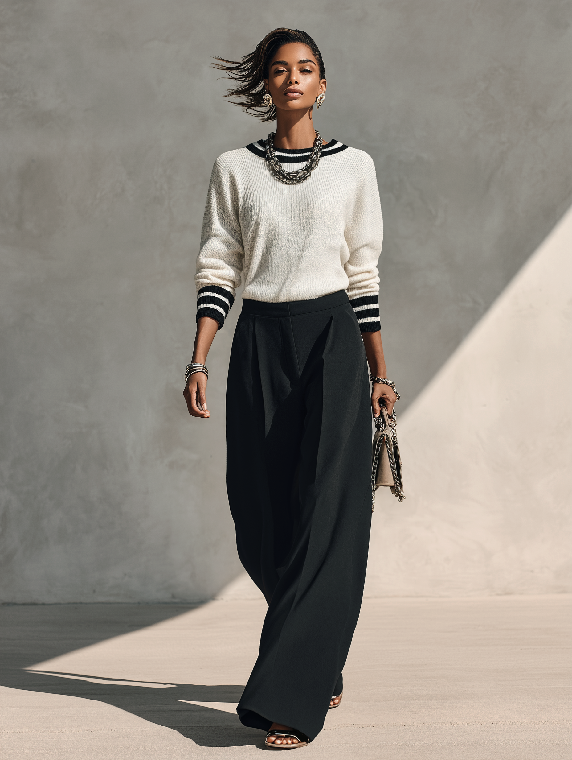 Women's Casual White Long-Sleeved Knit Sweater And Black Woven Trousers Two-Piece Set MDZ2763H2LXY