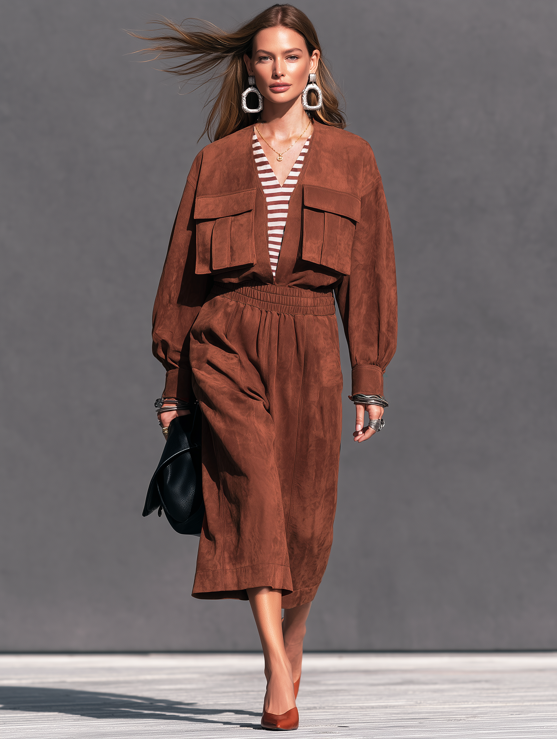 Women's Casual Reddish-Brown Suede Long-Sleeve Jumpsuit (Faux-Layered Style) MDZ2773H1LXY