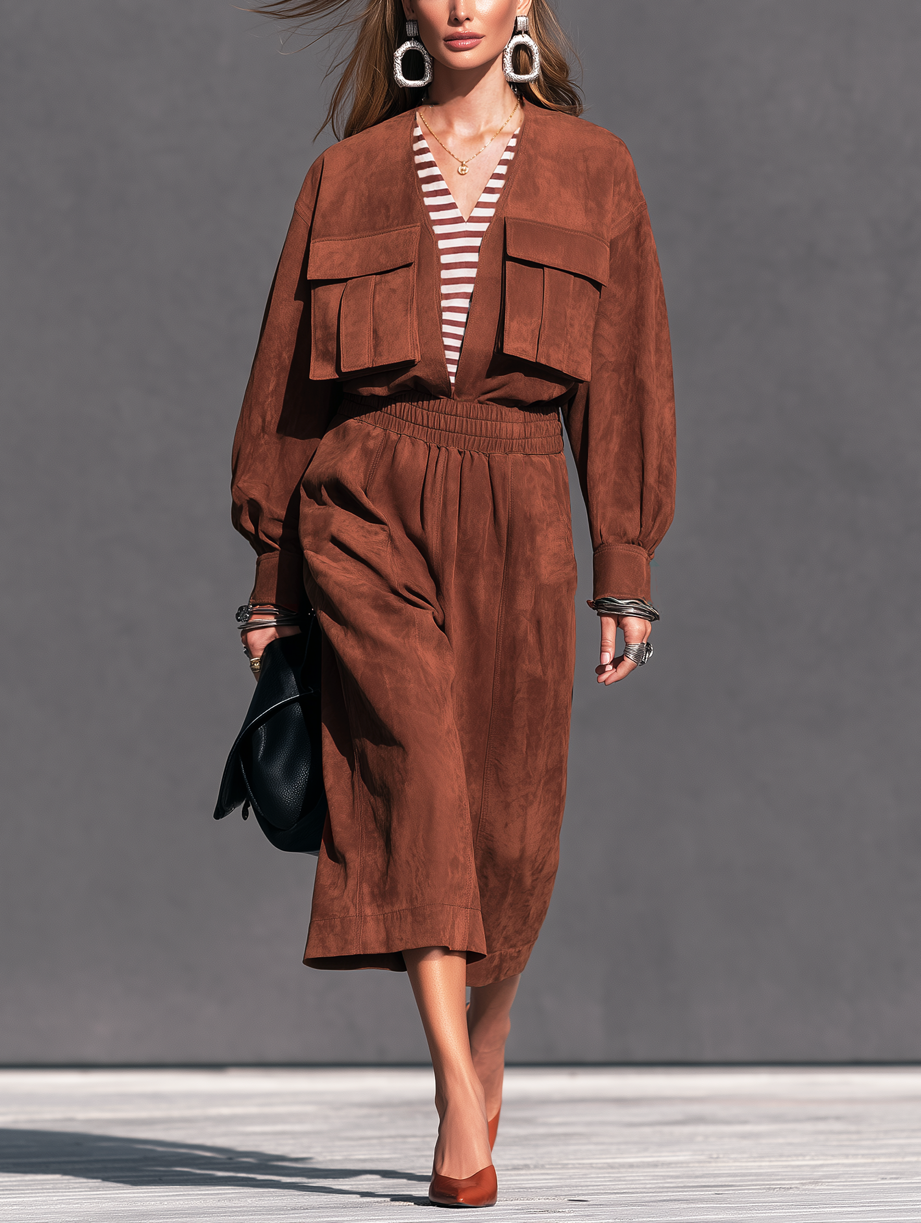 Women's Casual Reddish-Brown Suede Long-Sleeve Jumpsuit (Faux-Layered Style) MDZ2773H1LXY