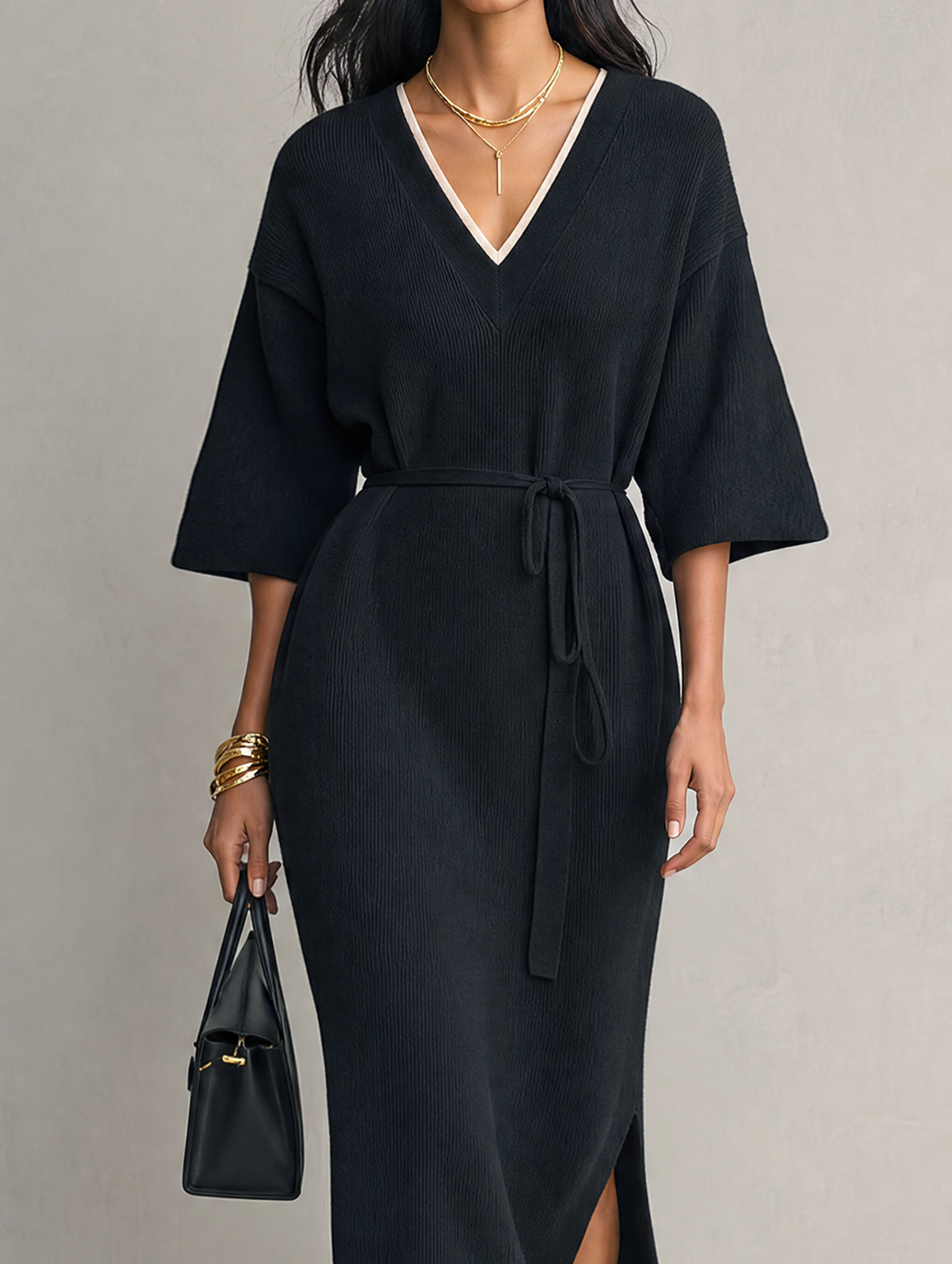 Women's Casual Black Knit V-Neck Mid-Sleeve Maxi Dress MDZ2752H5LXY