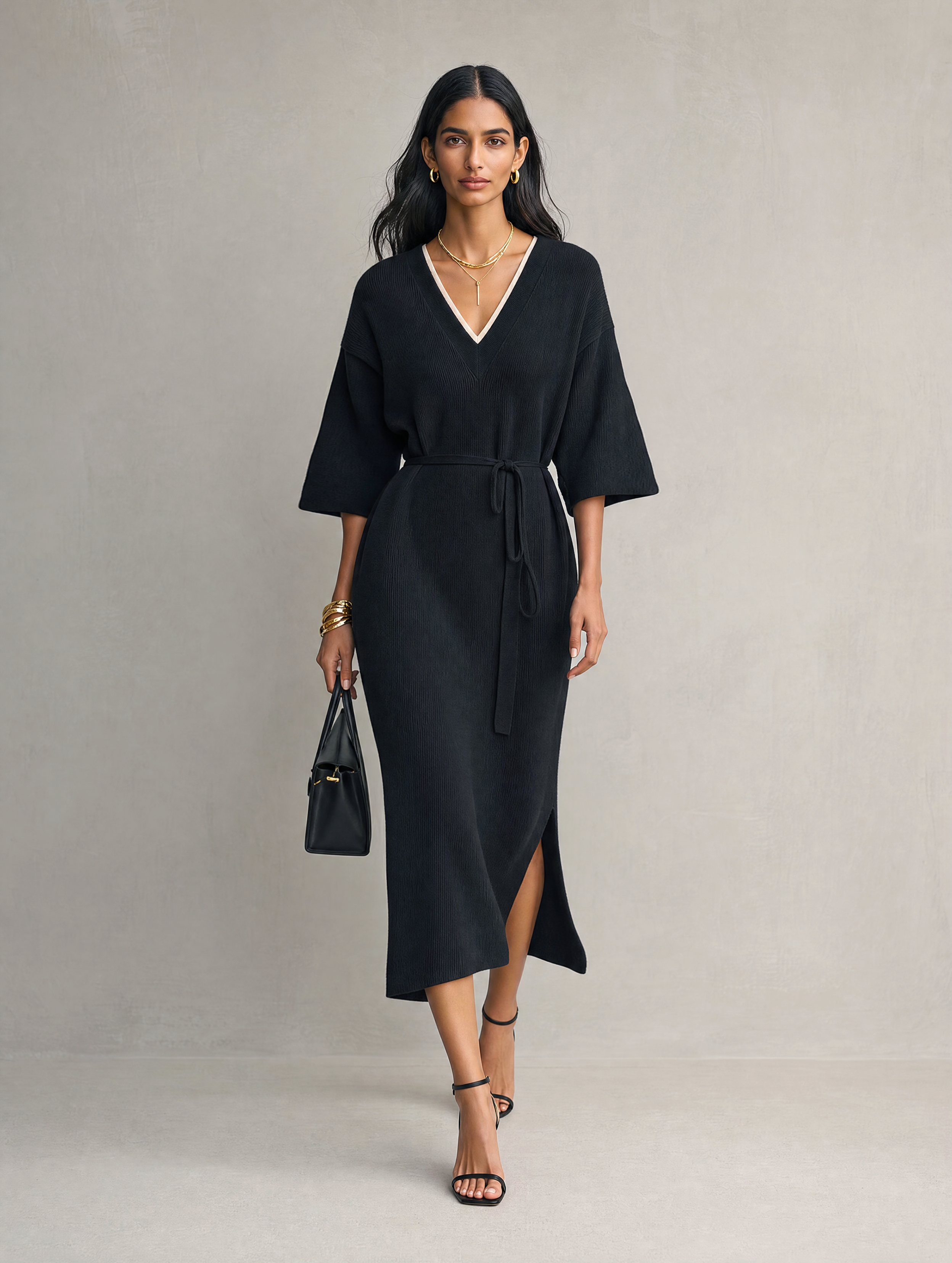 Women's Casual Black Knit V-Neck Mid-Sleeve Maxi Dress MDZ2752H5LXY