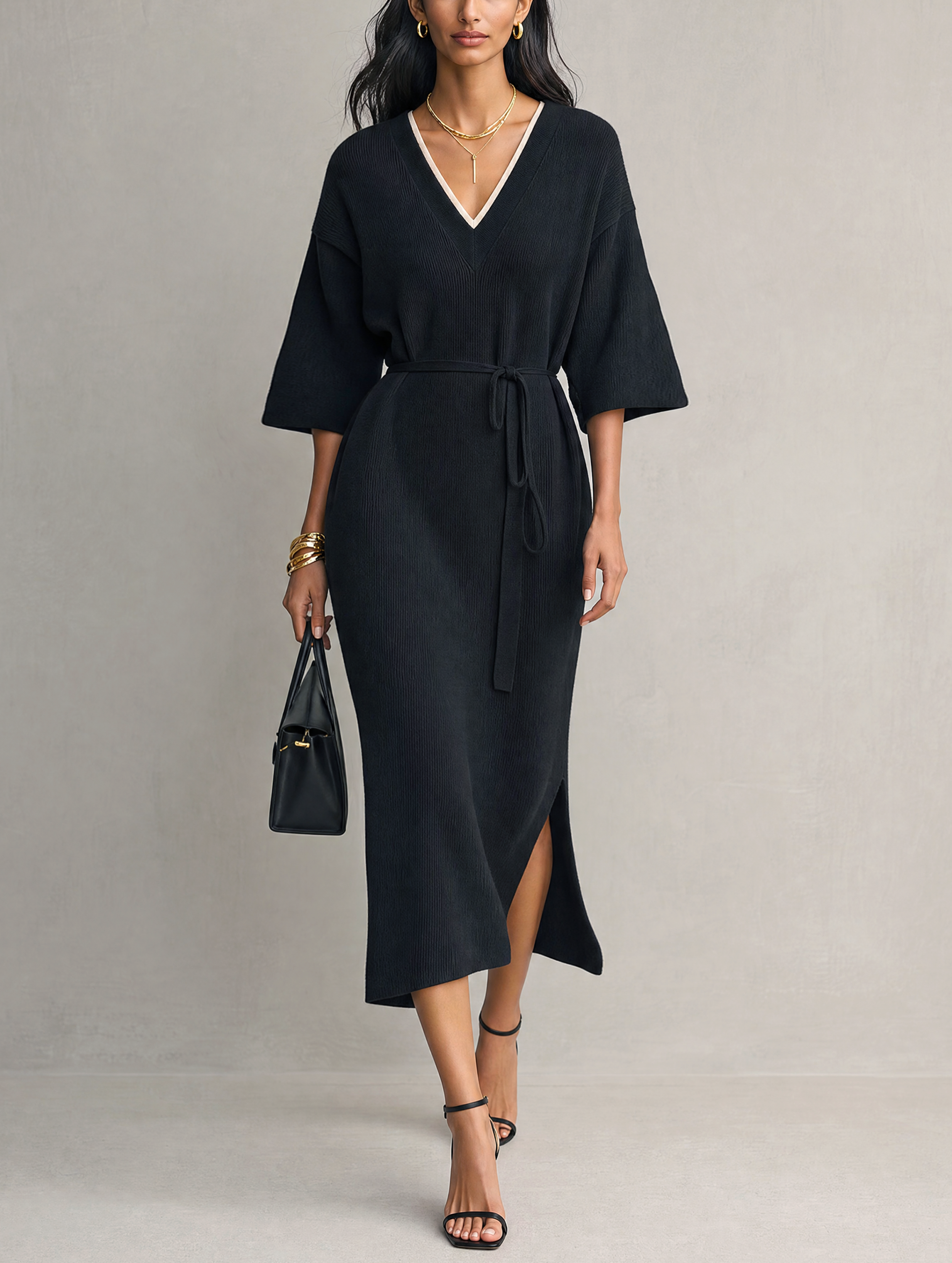Women's Casual Black Knit V-Neck Mid-Sleeve Maxi Dress MDZ2752H5LXY