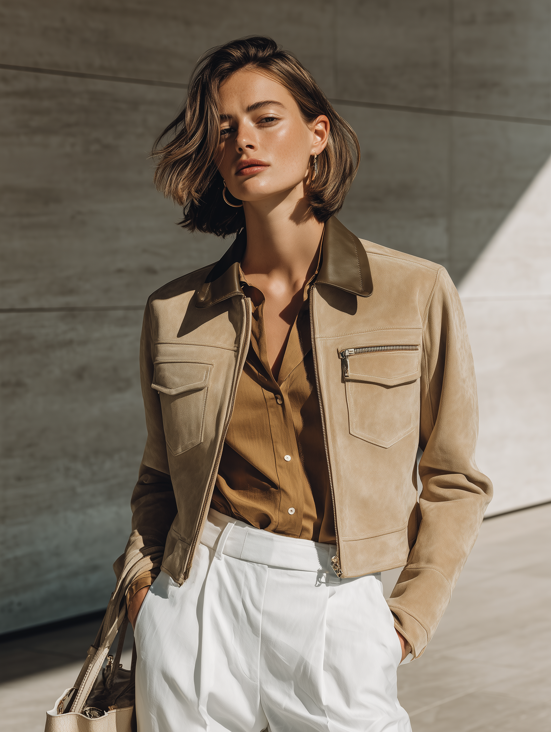 Women's Collared Zip Front Pocket Khaki Jacket MDZ2747H9YZJ