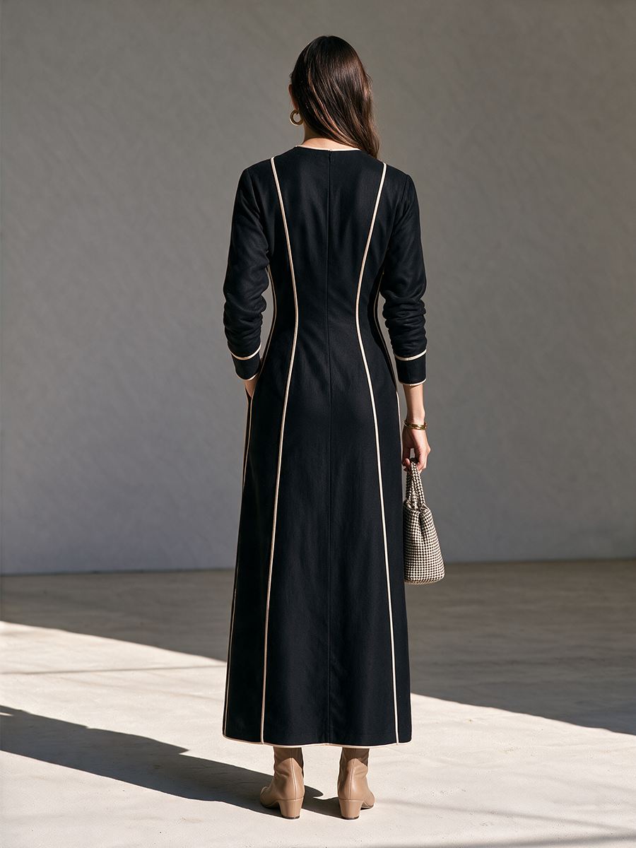 Women's Deep U-Neck Contrast-Piping Long-Sleeve Belted Pocket Slim Maxi Dress MDZ2704H5CMX