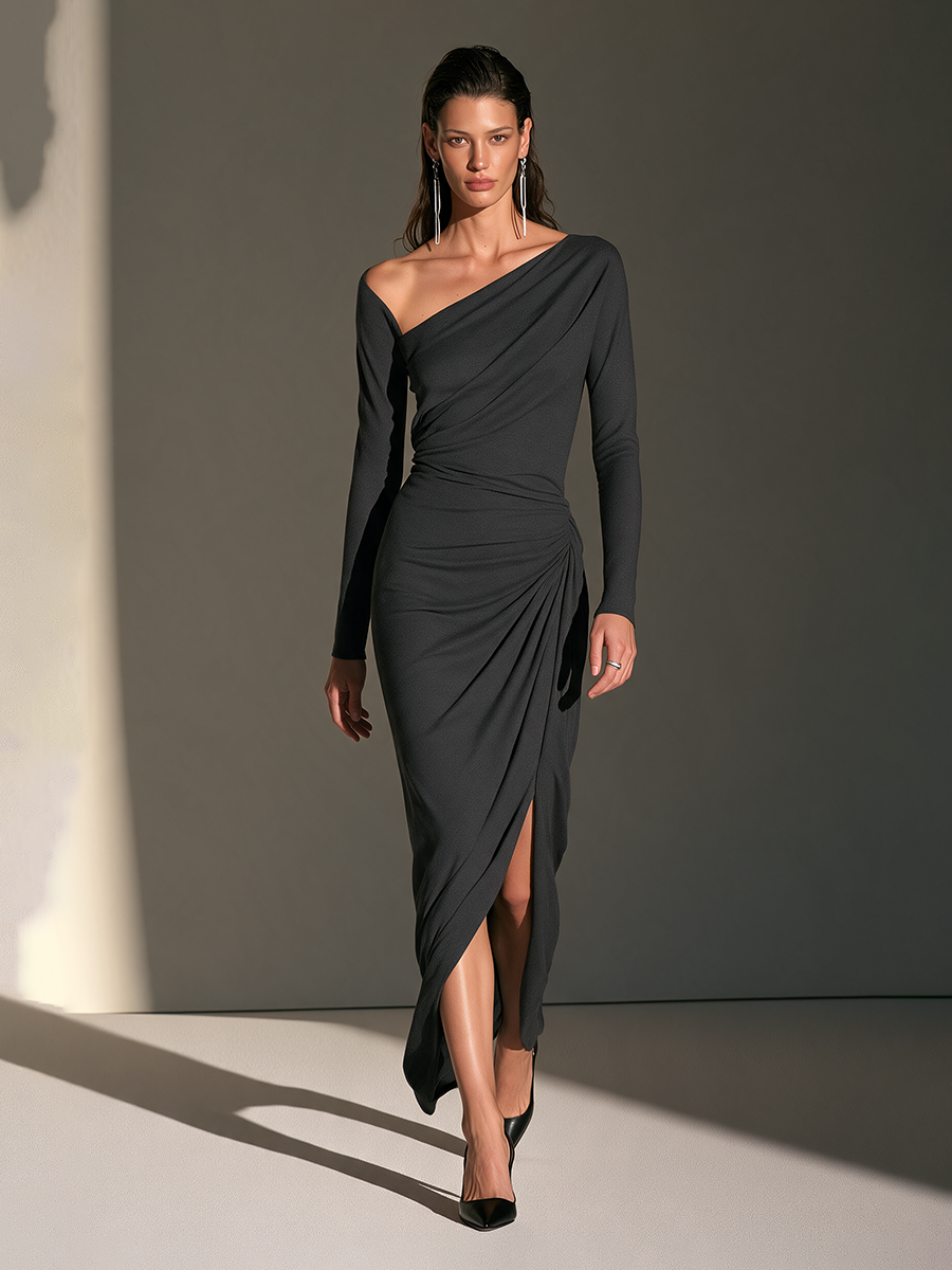 Women's Asymmetric-Neck Long-Sleeve Ruched Slit Bodycon Maxi Dress MDZ2748H8CMX