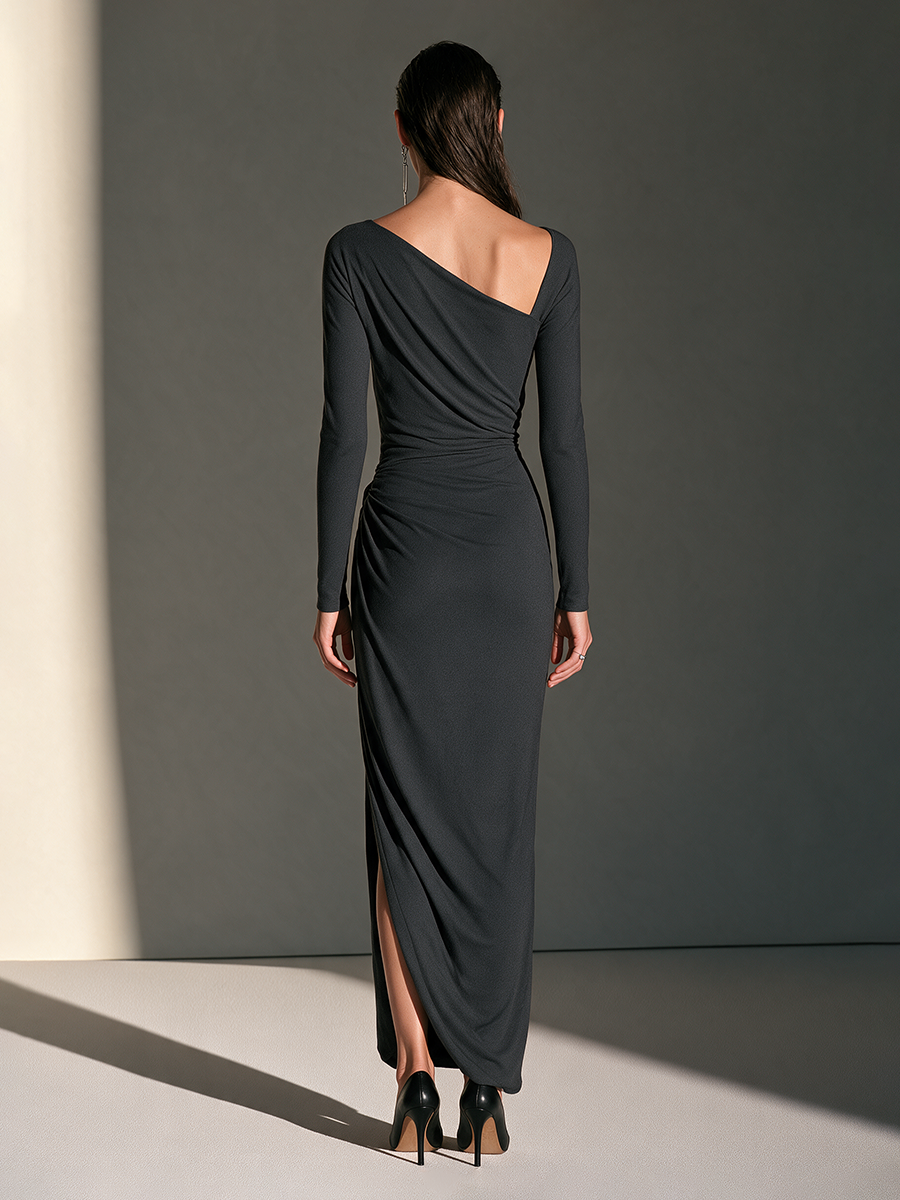 Women's Asymmetric-Neck Long-Sleeve Ruched Slit Bodycon Maxi Dress MDZ2748H8CMX