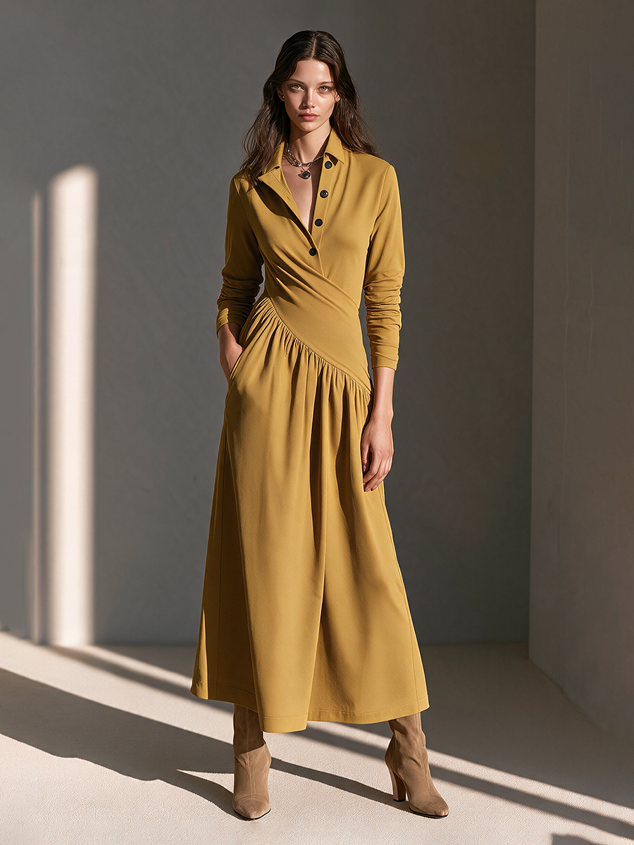 Women's Collared Half-Placket Long-Sleeve Ruched Maxi Dress MDZ2737H2CMX