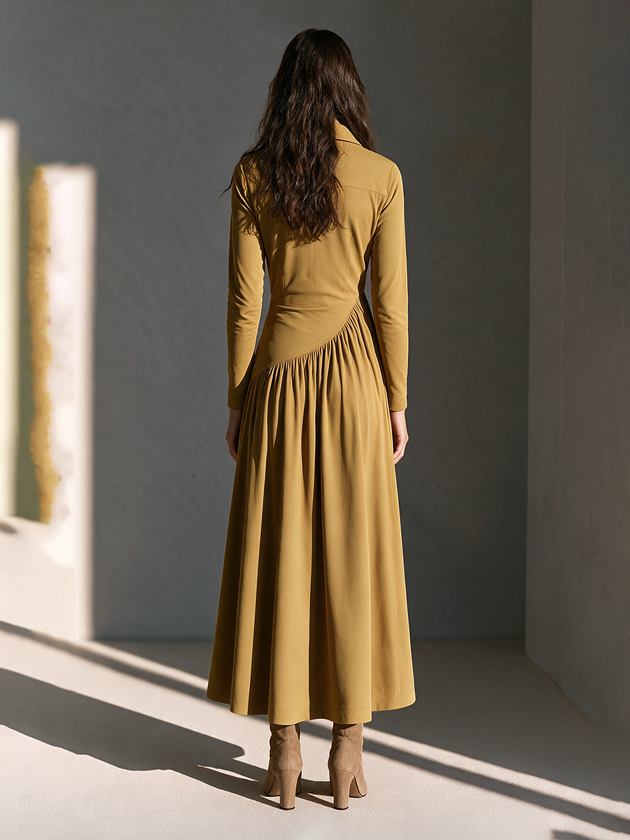Women's Collared Half-Placket Long-Sleeve Ruched Maxi Dress MDZ2737H2CMX