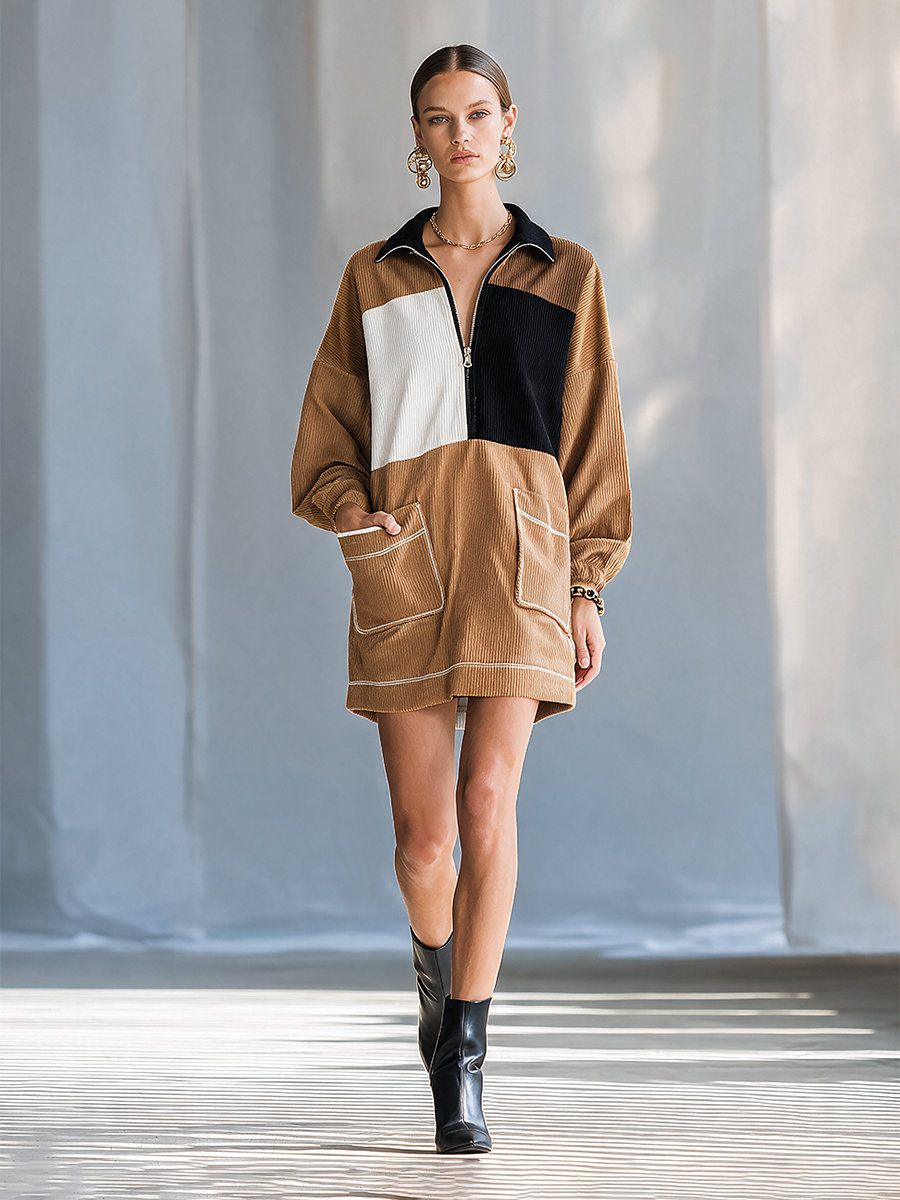 Women's Collared Half-Zip Colorblock Drop-Shoulder Long-Sleeve Corduroy Mini Dress MDZ2713H0CMX