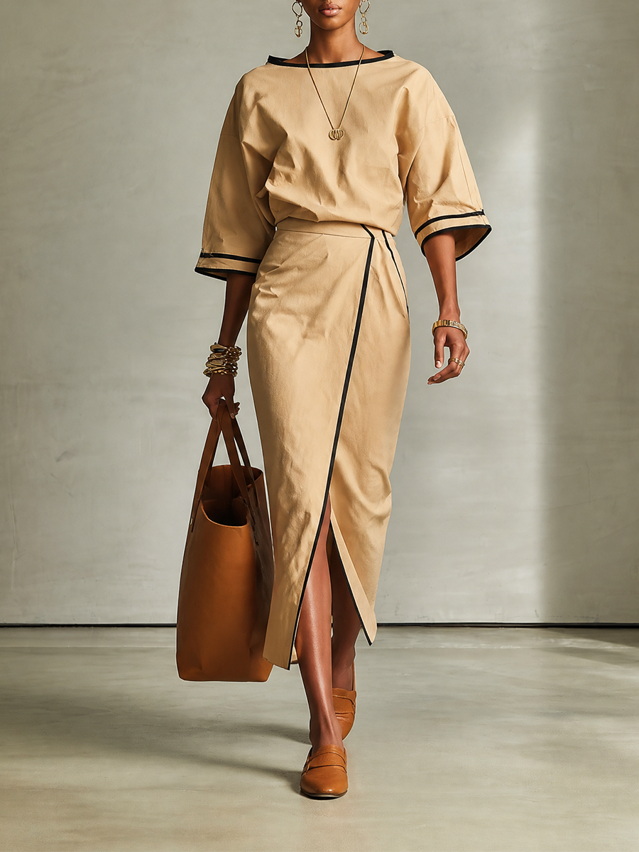 Women's Contrast-Trim Boat-Neck Drop-Shoulder Top And Wrap Slit Midi Skirt Two-Piece Set MDZ2551H1CMX