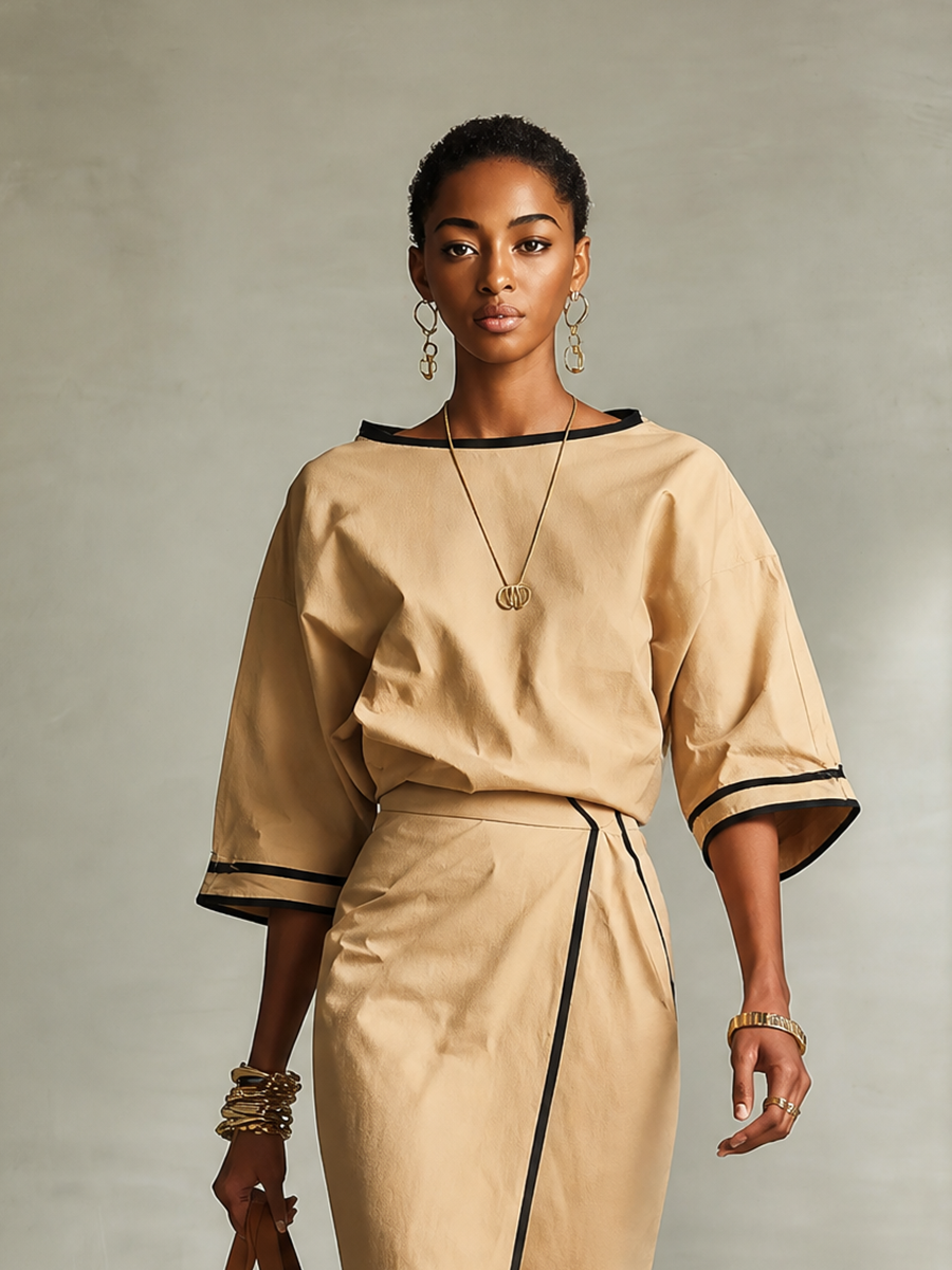 Women's Contrast-Trim Boat-Neck Drop-Shoulder Top And Wrap Slit Midi Skirt Two-Piece Set MDZ2551H1CMX